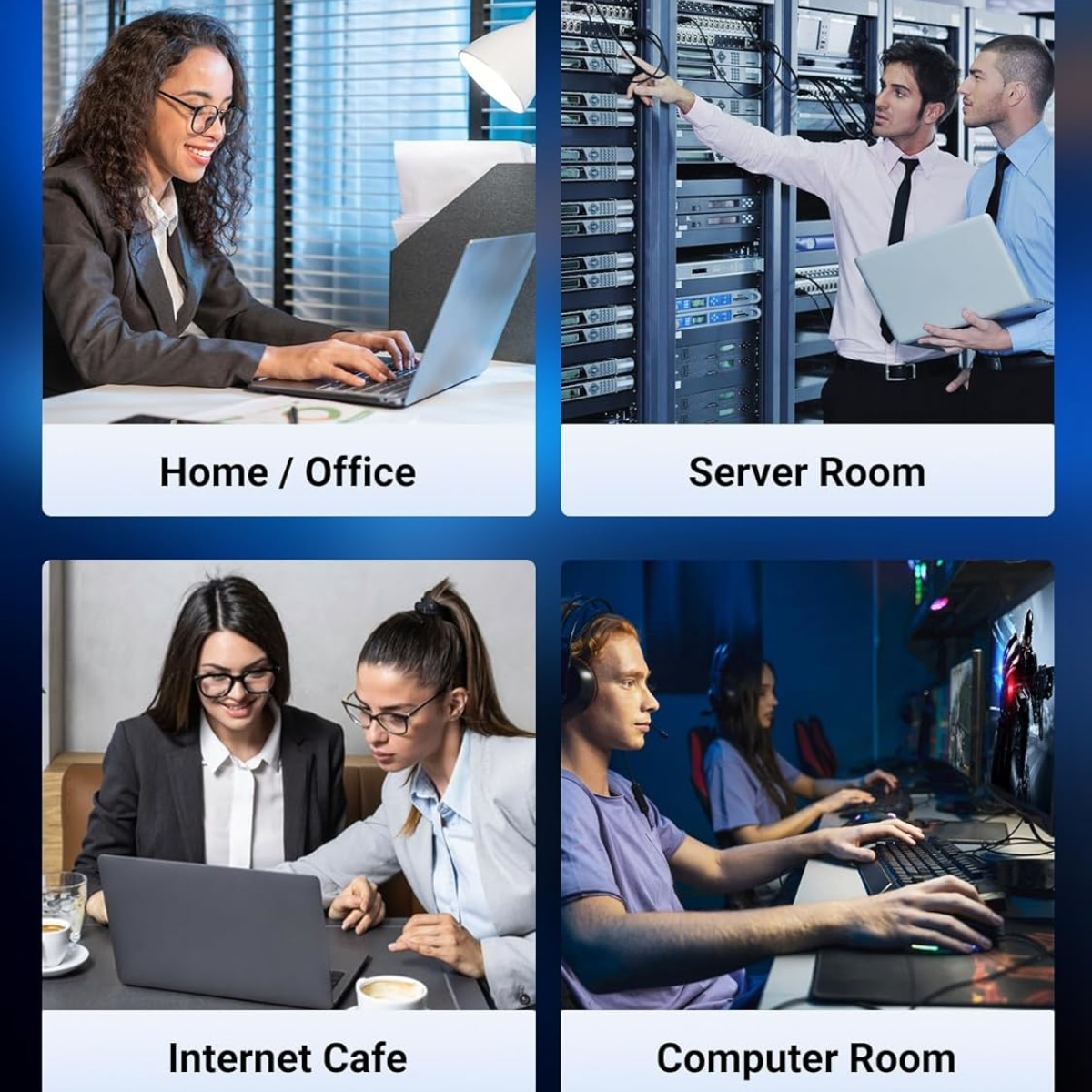 Vier Bilder, die zeigen, wie Menschen Computer benutzen: Zuhause/Büro, Serverraum, Internetcafé, Computerraum.