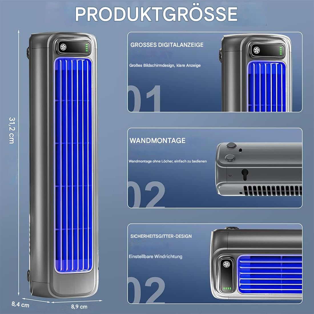 Hoher grauer Ventilator mit blauem Licht und Details. Text zeigt Größe, Digitalanzeige, Wandhalterung und Sicherheitsmerkmale.