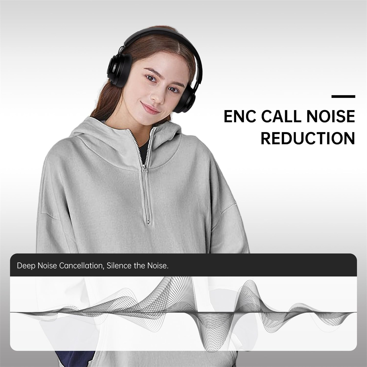 Frau mit schwarzen Kopfhörern. Text zeigt 'ENC Call Noise Reduction'.