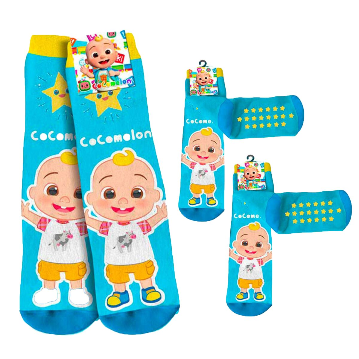 Zwei Paar blaue Cocomelon-Socken, jeweils mit einer Zeichentrickfigur und einem Sternenmuster.