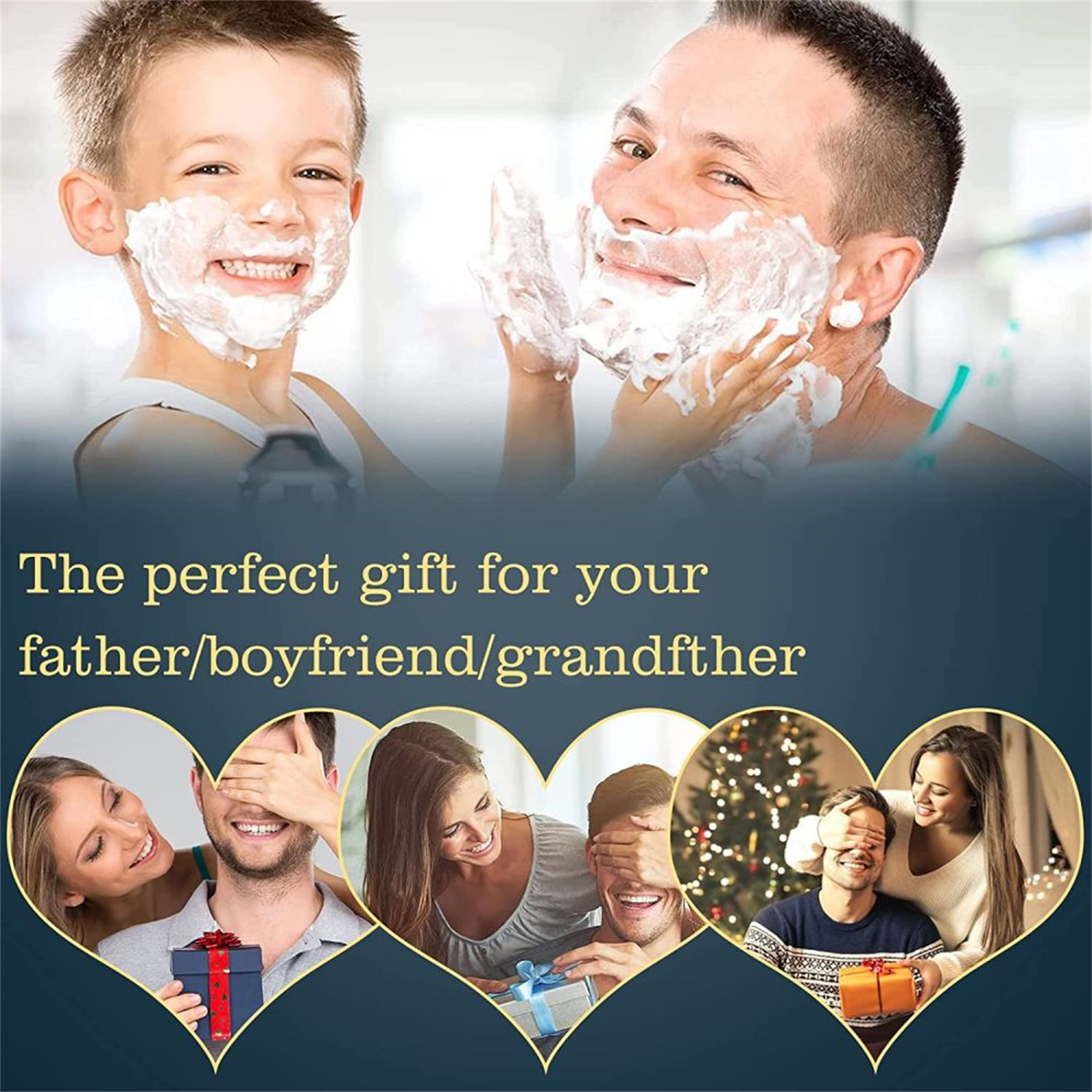 Ein Vater und Sohn mit Rasierschaum und Geschenken, perfektes Geschenk für Vater/Freund/Großvater.