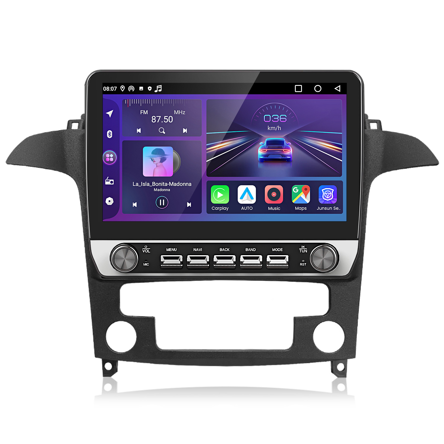 Auto-Multimediasystem mit Display, Knöpfen und Armaturenbrettrahmen. Zeigt GPS-Navigation.