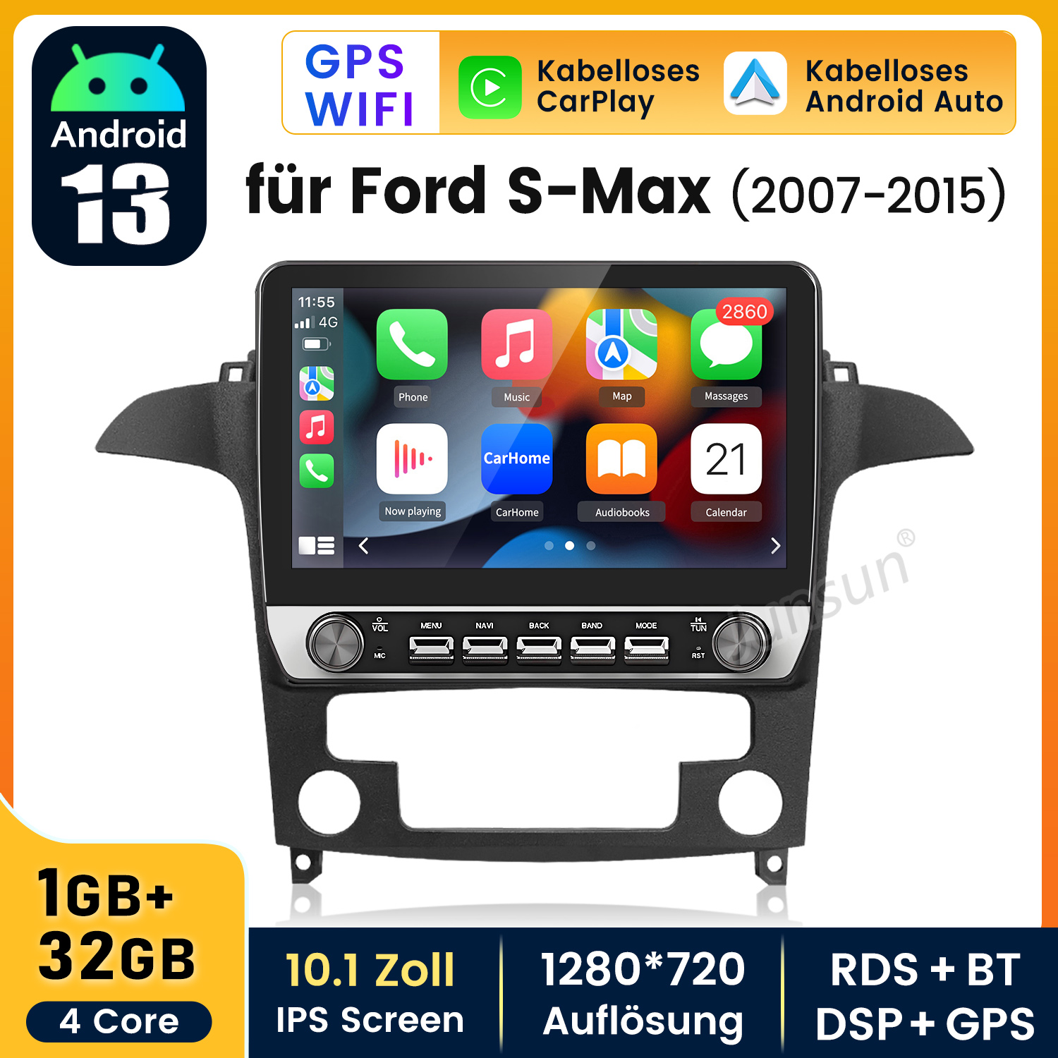 Auto-Multimediasystem mit Android 13, GPS und Carplay-Funktionen auf dem Bildschirm.