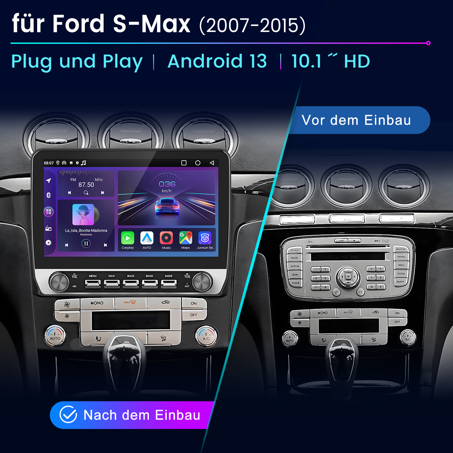 Auto-Multimediasystem vor und nach der Installation. Zeigt Bildschirm mit Bedienelementen und GPS.