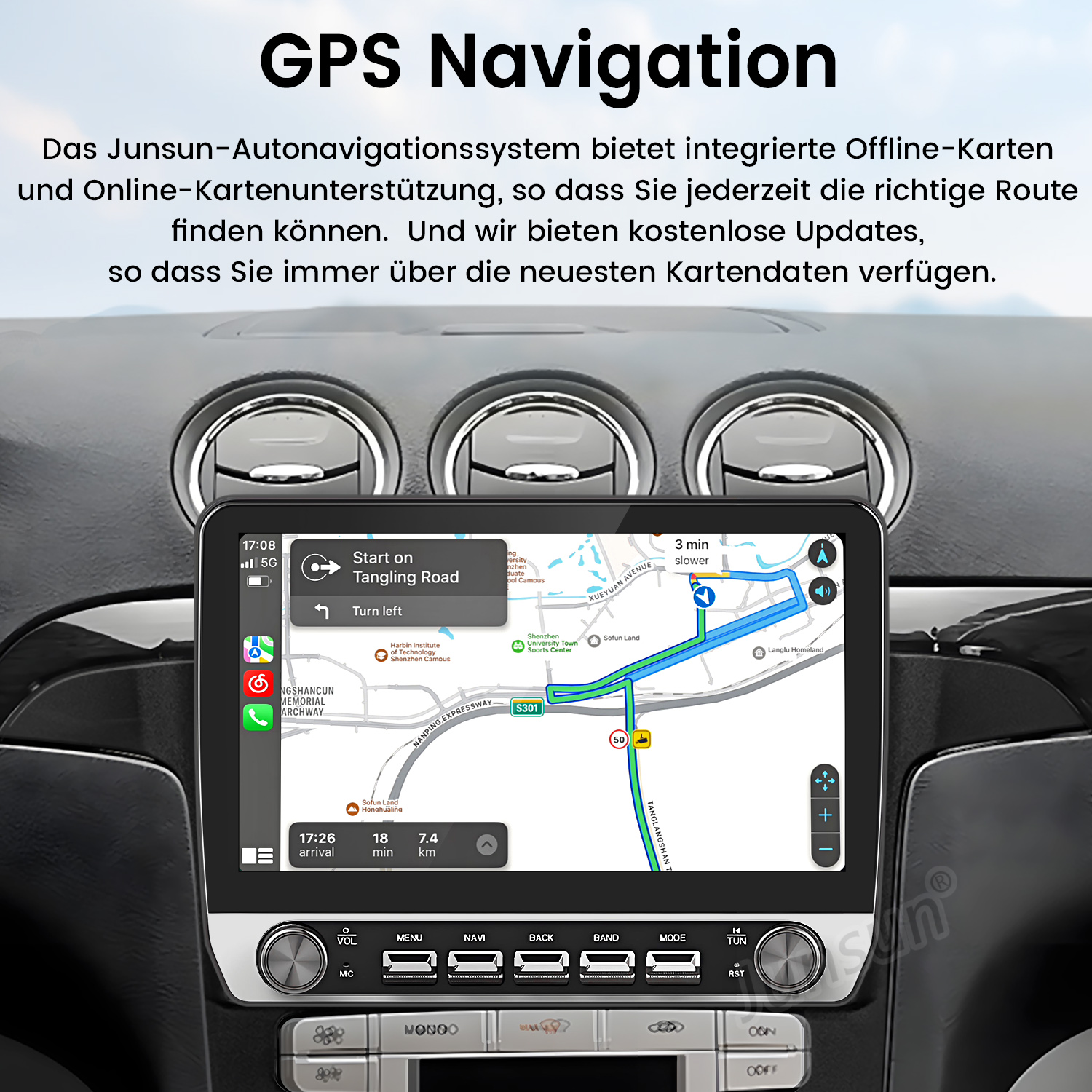 Auto-Multimediasystem mit GPS-Navigation, Karte und Wegbeschreibungen auf dem Bildschirm.