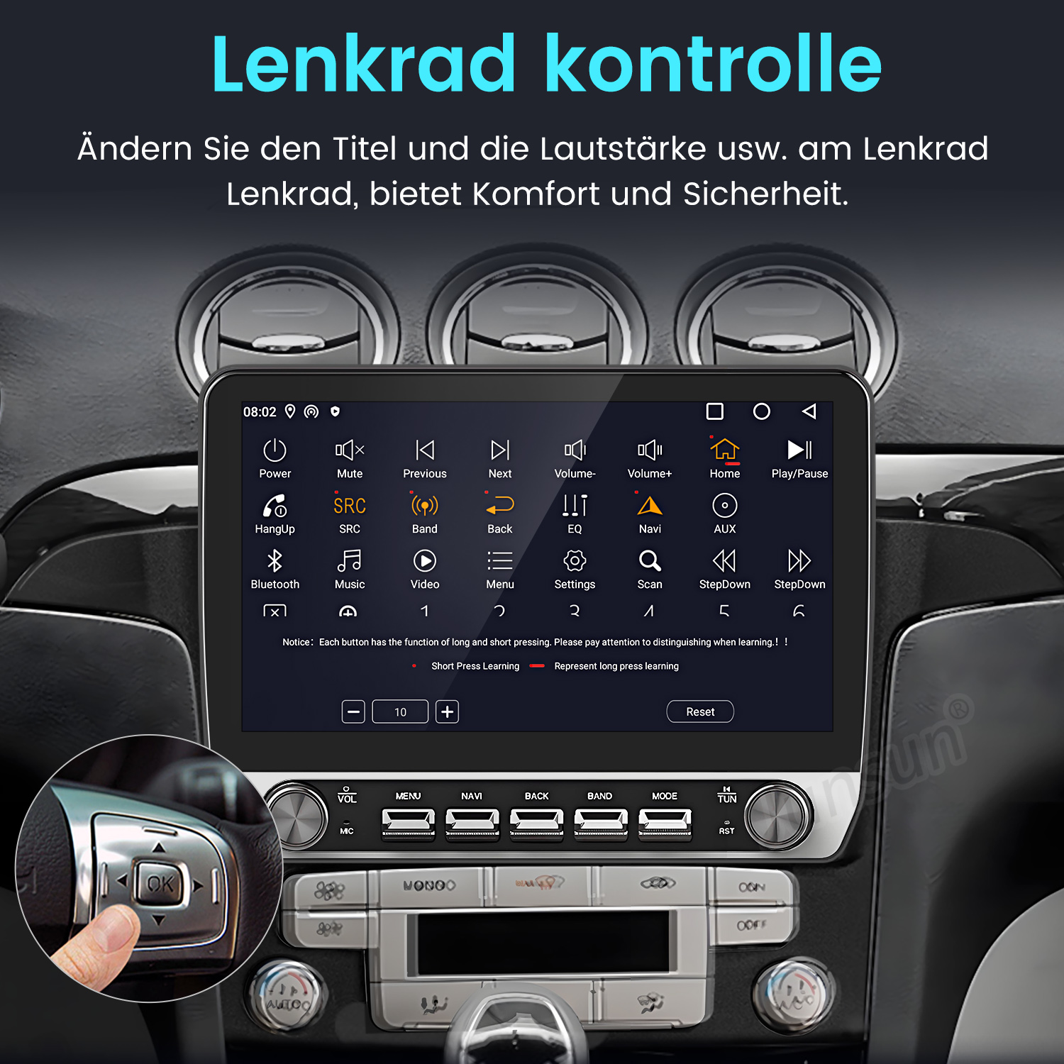 Autoradio mit Touchscreen, zeigt Musik- und Steuerungseinstellungen. Hand berührt eine Taste.