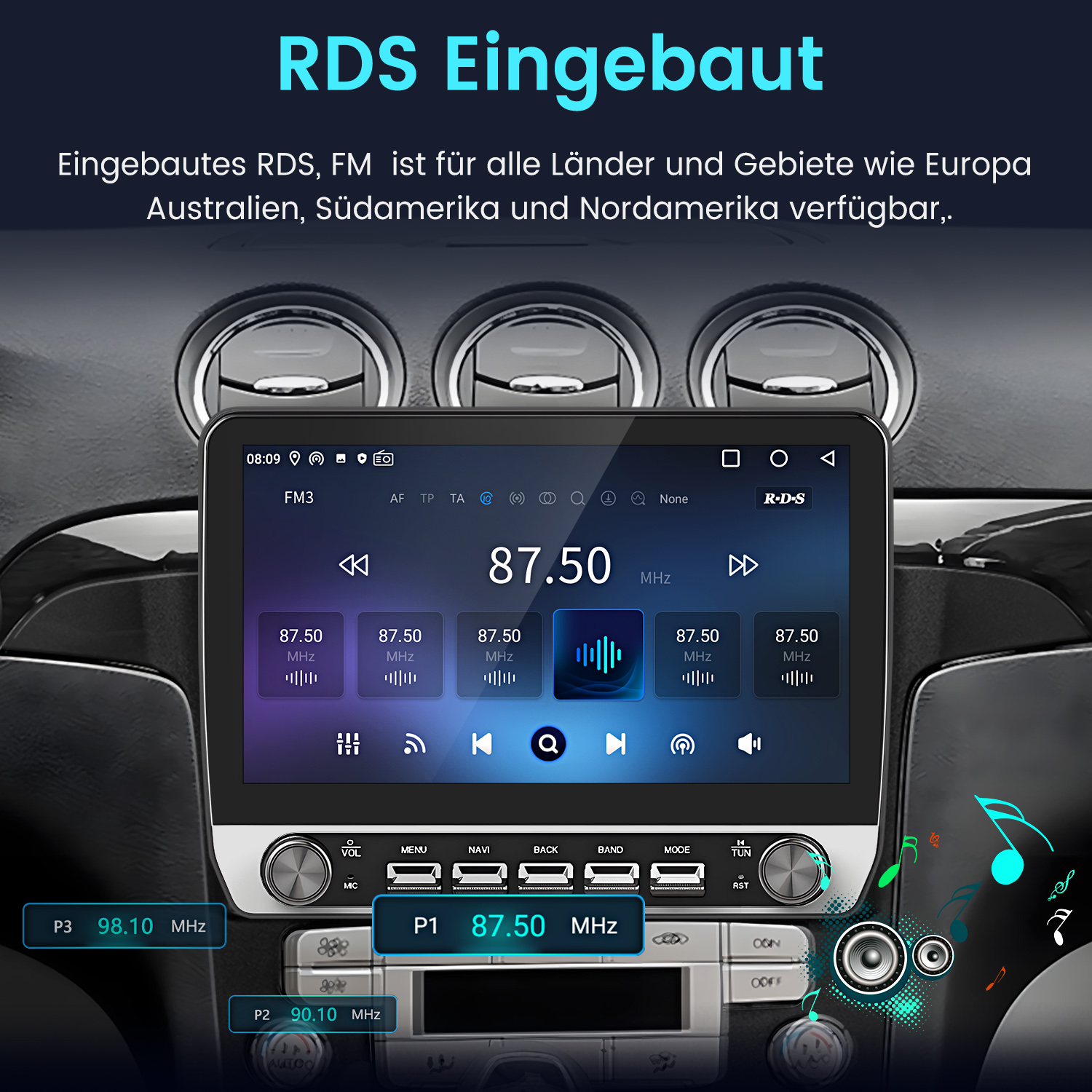 Autoradio-Bildschirm mit verschiedenen Tasten und Optionen, der UKW-Radioeinstellungen und Frequenz anzeigt.