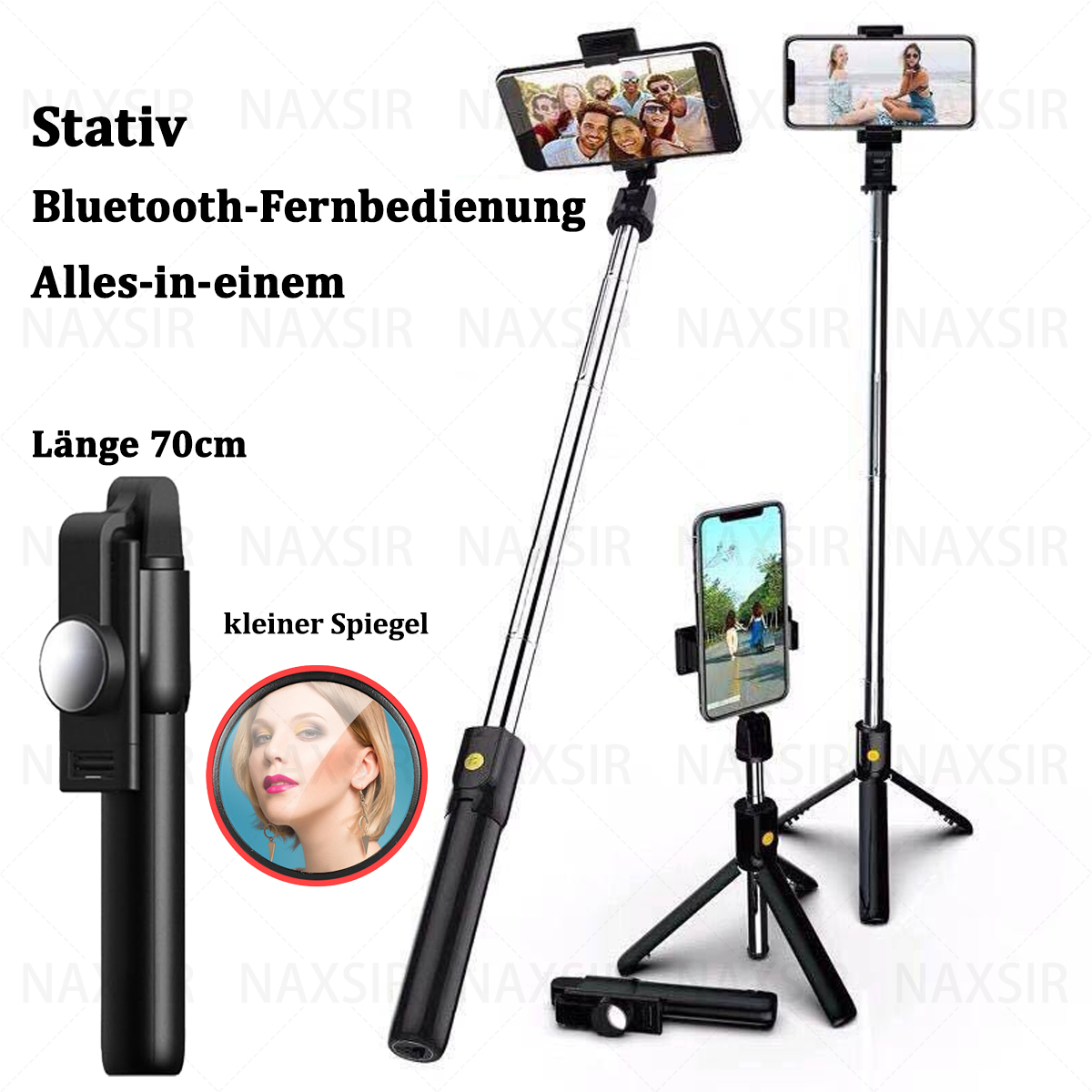 Selfie-Sticks und Zubehör in verschiedenen Anordnungen. Enthält ein Stativ und einen kleinen Spiegel.