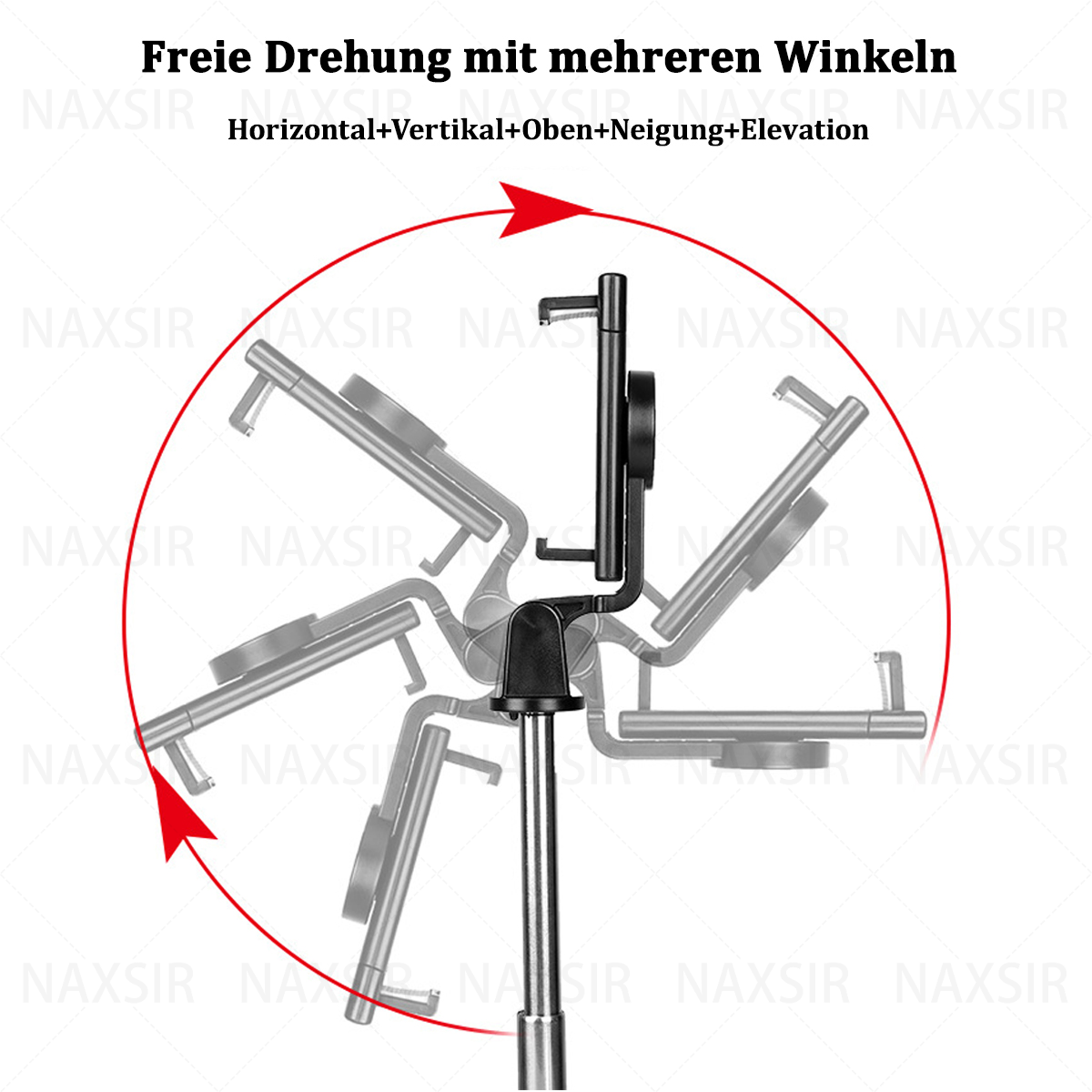 Eine Telefonhalterung, die sich in mehrere Richtungen dreht. Die Halterung wird mit befestigtem Telefon gezeigt.