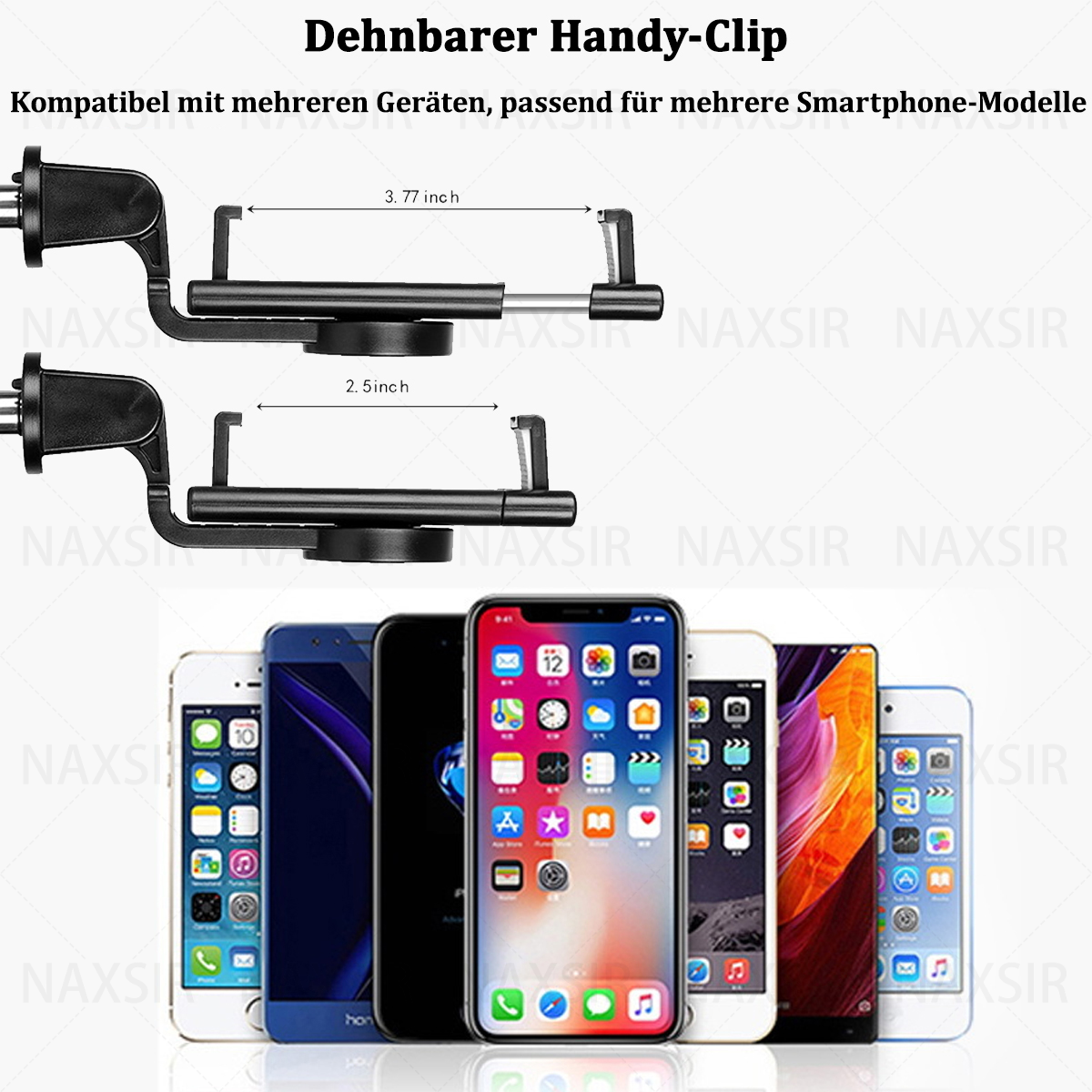 Zwei schwarze Telefonclips mit unterschiedlichen Breiten und verschiedene Smartphones im Hintergrund.