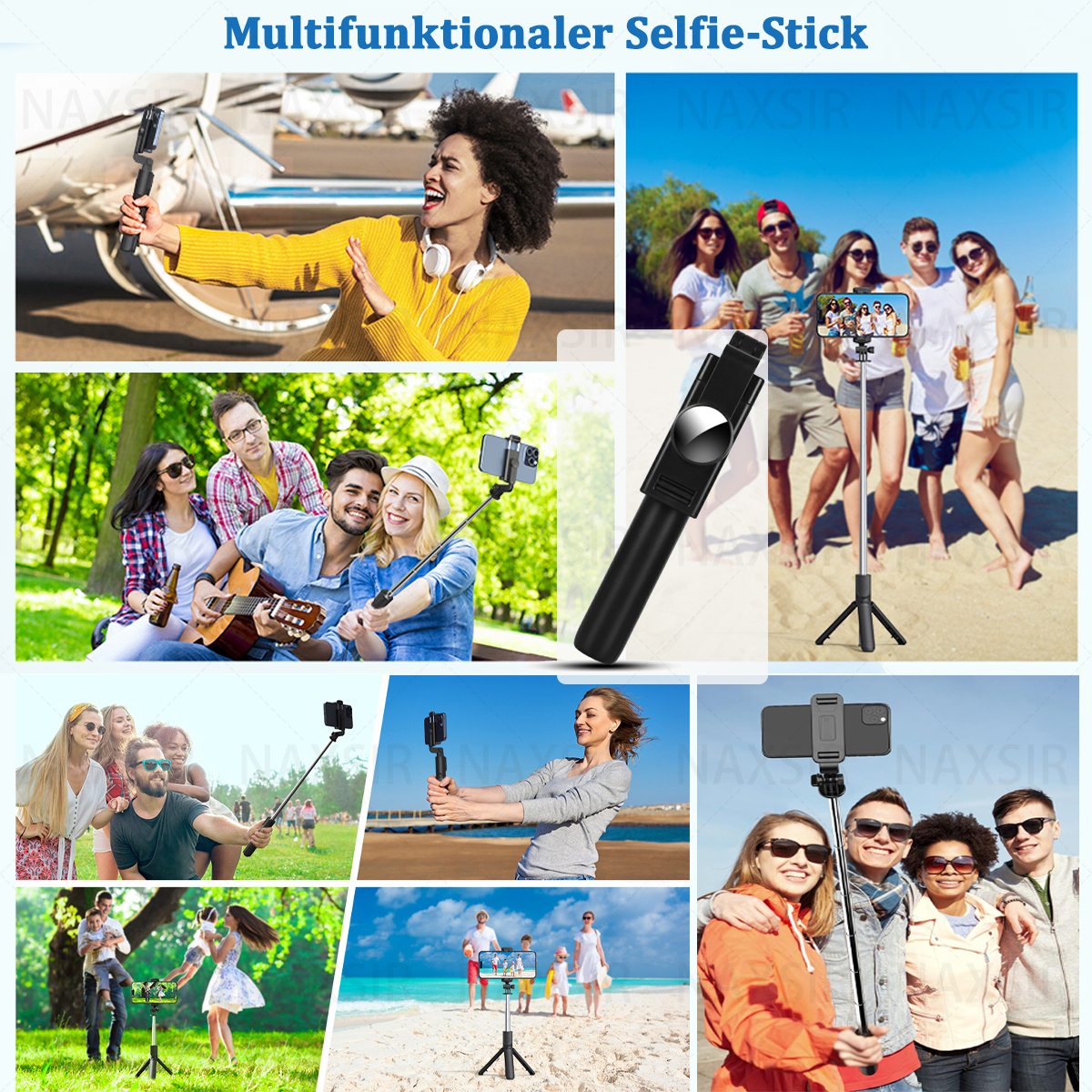 Eine Collage von mehreren Szenen mit Personen, die Selfie-Sticks in verschiedenen Umgebungen verwenden.