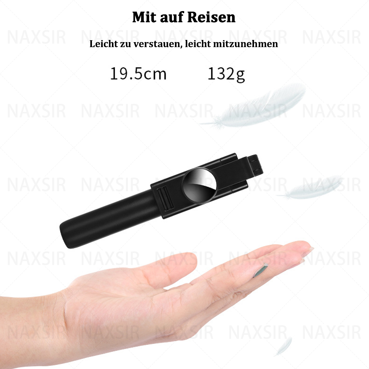 Hand hält ein schwarzes Gerät. Text: Leicht zu verstauen, leicht mitzunehmen. Federn schweben herum.