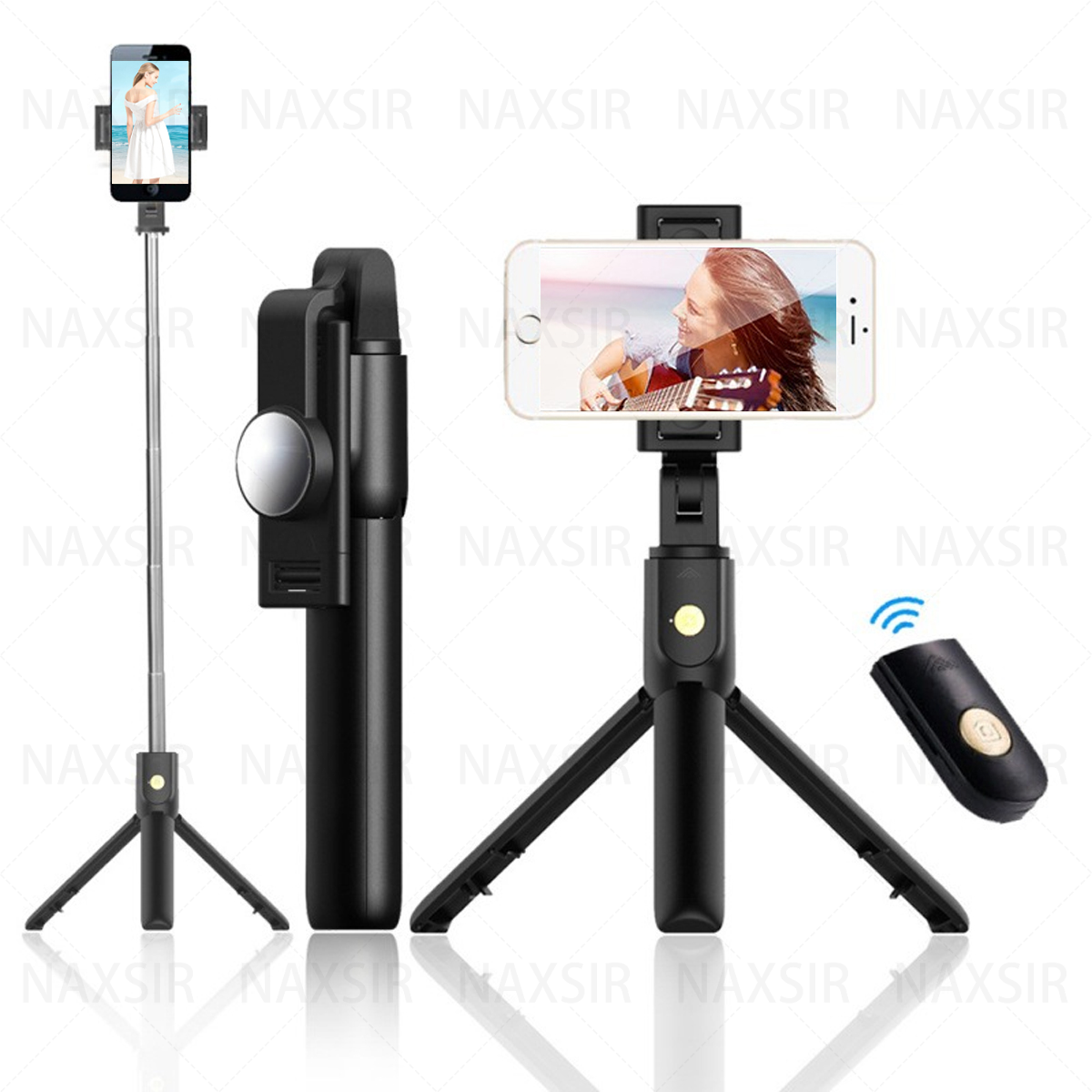 Drei Selfie-Sticks mit angeschlossenen Telefonen und einer Fernbedienung. Alle sind schwarz.