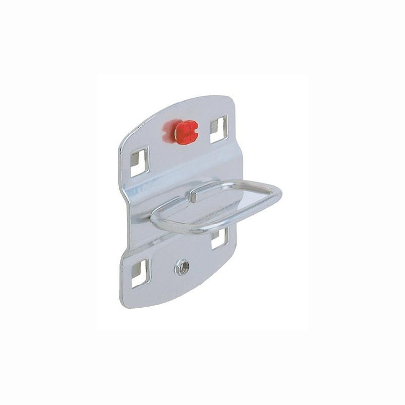 Metallhalterung mit kleinem Griff, rotem Stopper und quadratischen Löchern. Weißer Hintergrund.