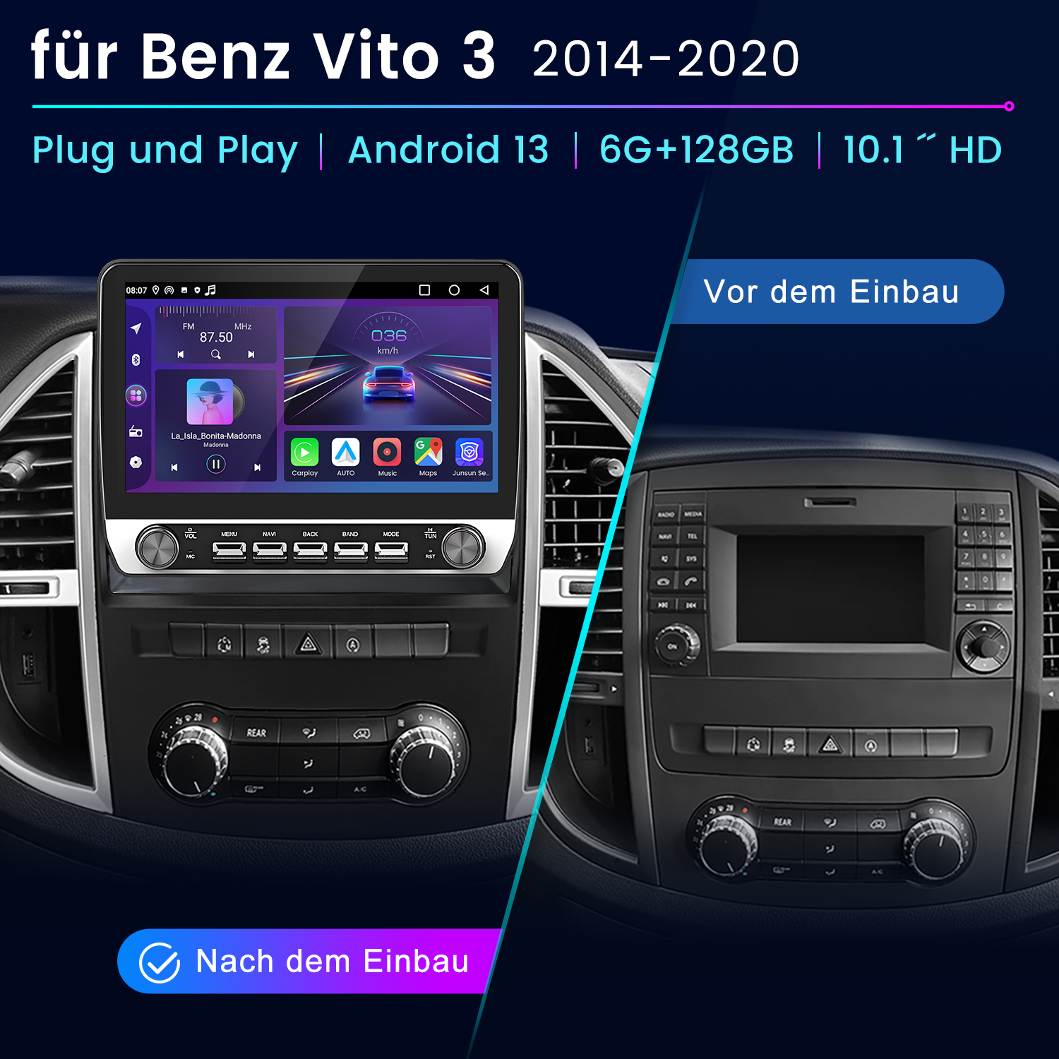 Auto-Multimedia-System im Armaturenbrett installiert, mit Bildschirm, der Apps zeigt, schwarzer Hintergrund.