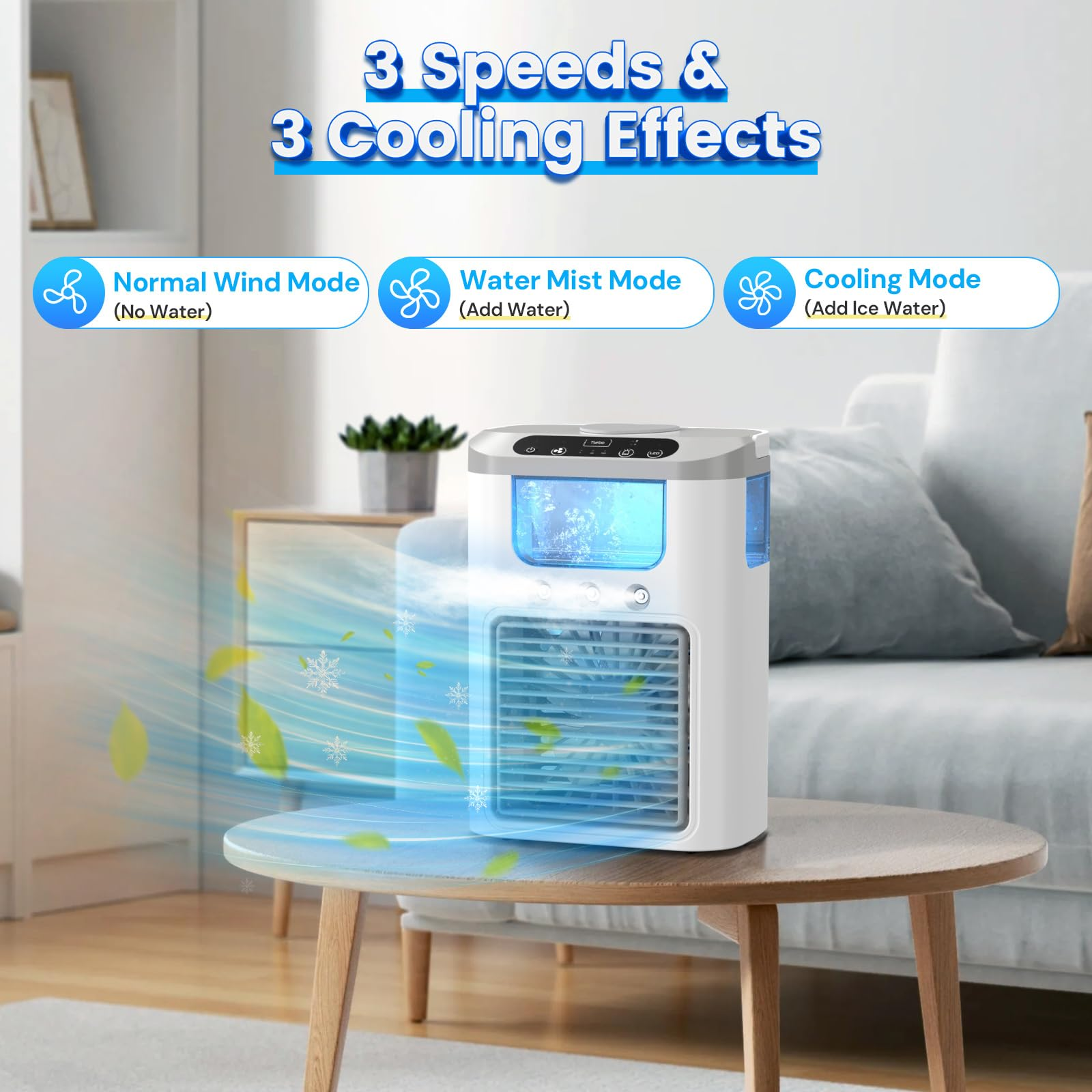 Weiß-grauer Luftkühler auf einem Tisch, mit Wasserdampf und grünen Blättern, in einem Wohnzimmer.
