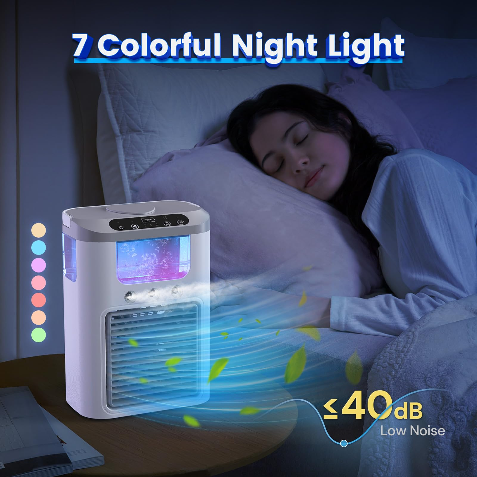 Eine schlafende Frau in der Nähe eines weiß-blauen Nachtlichts mit bunten Lichtern und dem Text '7 Colorful Night Light'.