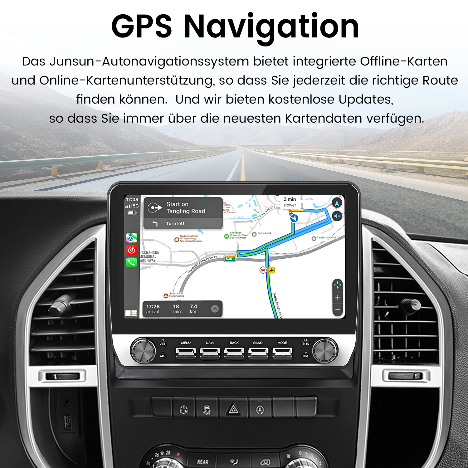 Armaturenbrett des Autos mit GPS-Navigationsbildschirm, der eine Karte zeigt, schwarzer Hintergrund.