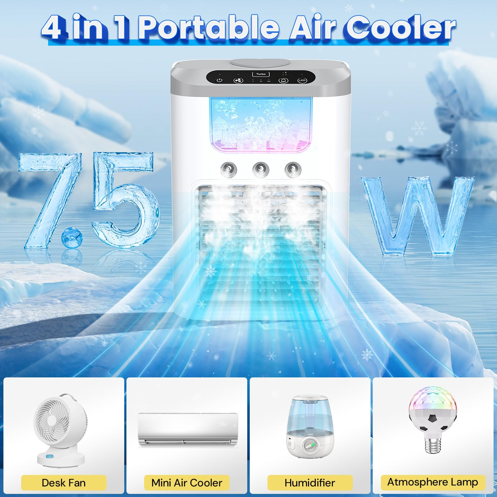 4-in-1 tragbarer Luftkühler. Enthält Tischventilator, Mini-Luftkühler, Luftbefeuchter und Atmosphärenlampe. Blaue Lichter und Wassertank.
