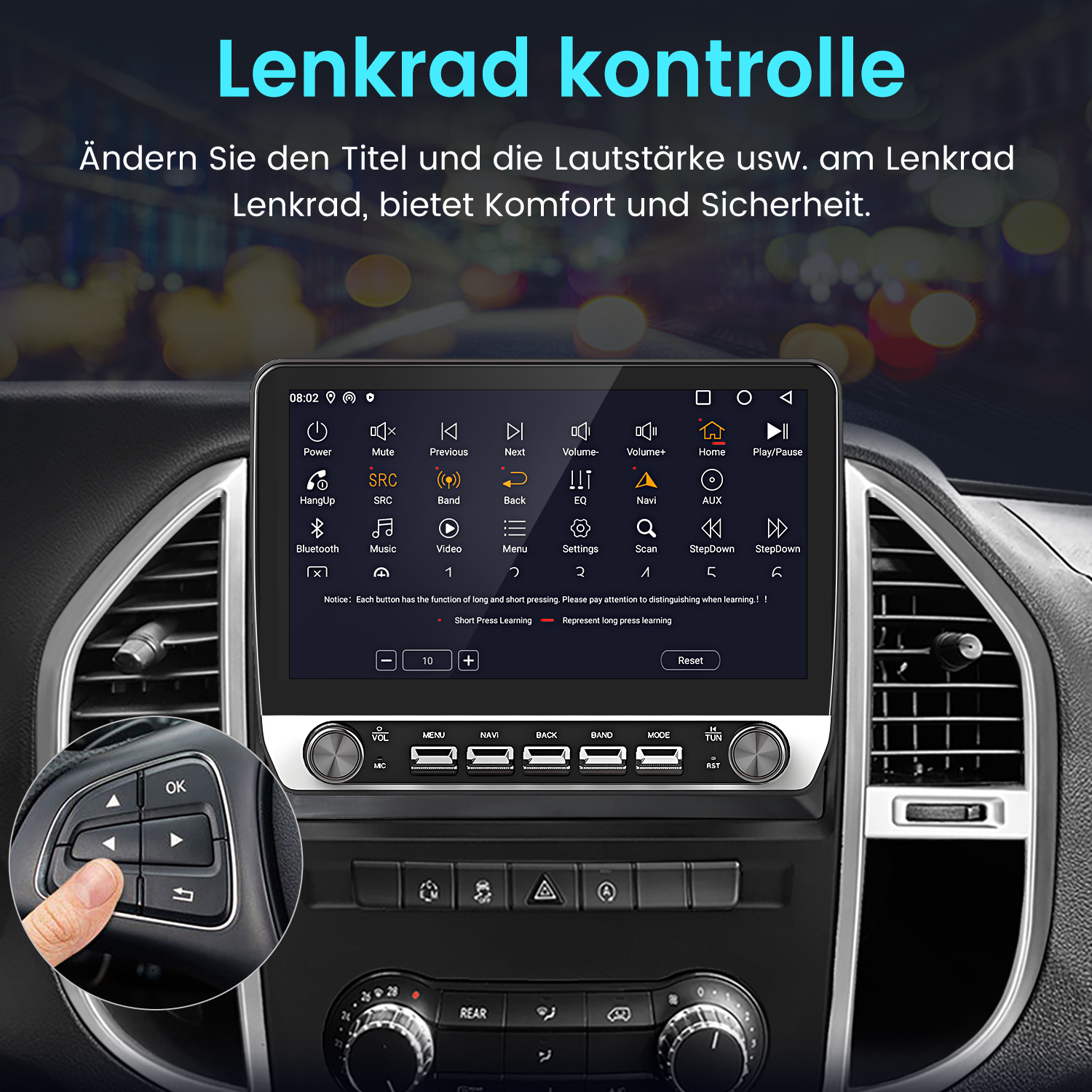 Auto-Multimedia-System mit Lenkradbedienelementen, schwarzer Hintergrund, Hand benutzt Knöpfe.