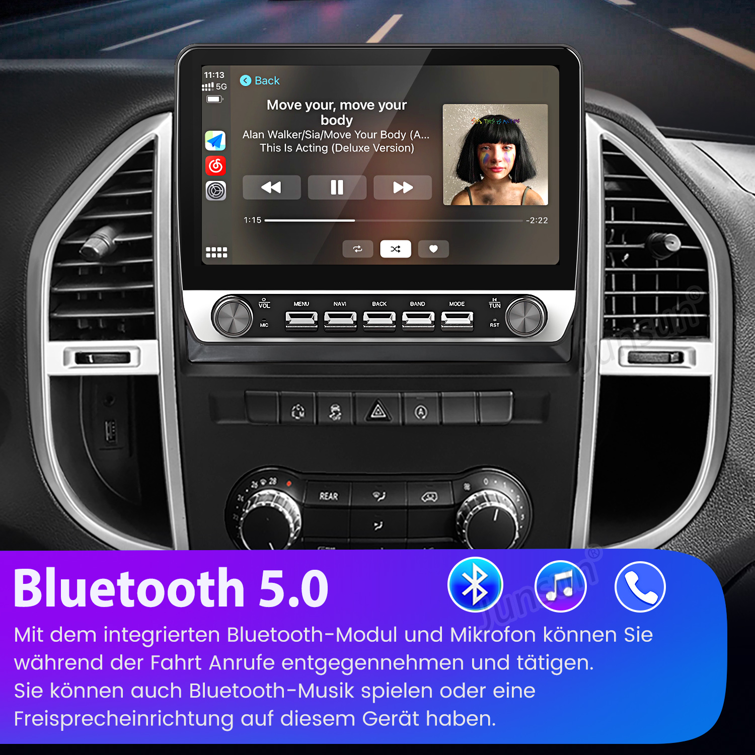 Auto-Multimedia-System mit Bluetooth, das Musikwiedergabe zeigt, schwarzer Hintergrund.