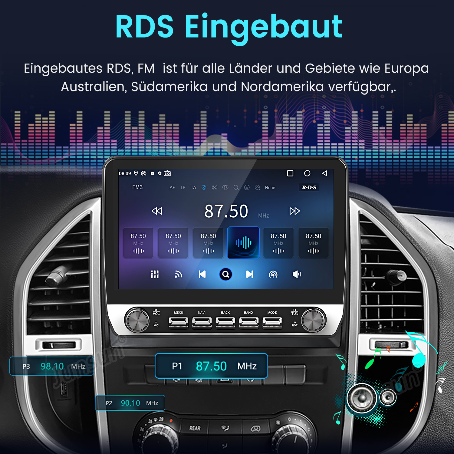 Ein Autoradio-Bildschirm mit Radiosendern, Bedienelementen und der RDS Eingebaut-Funktion.