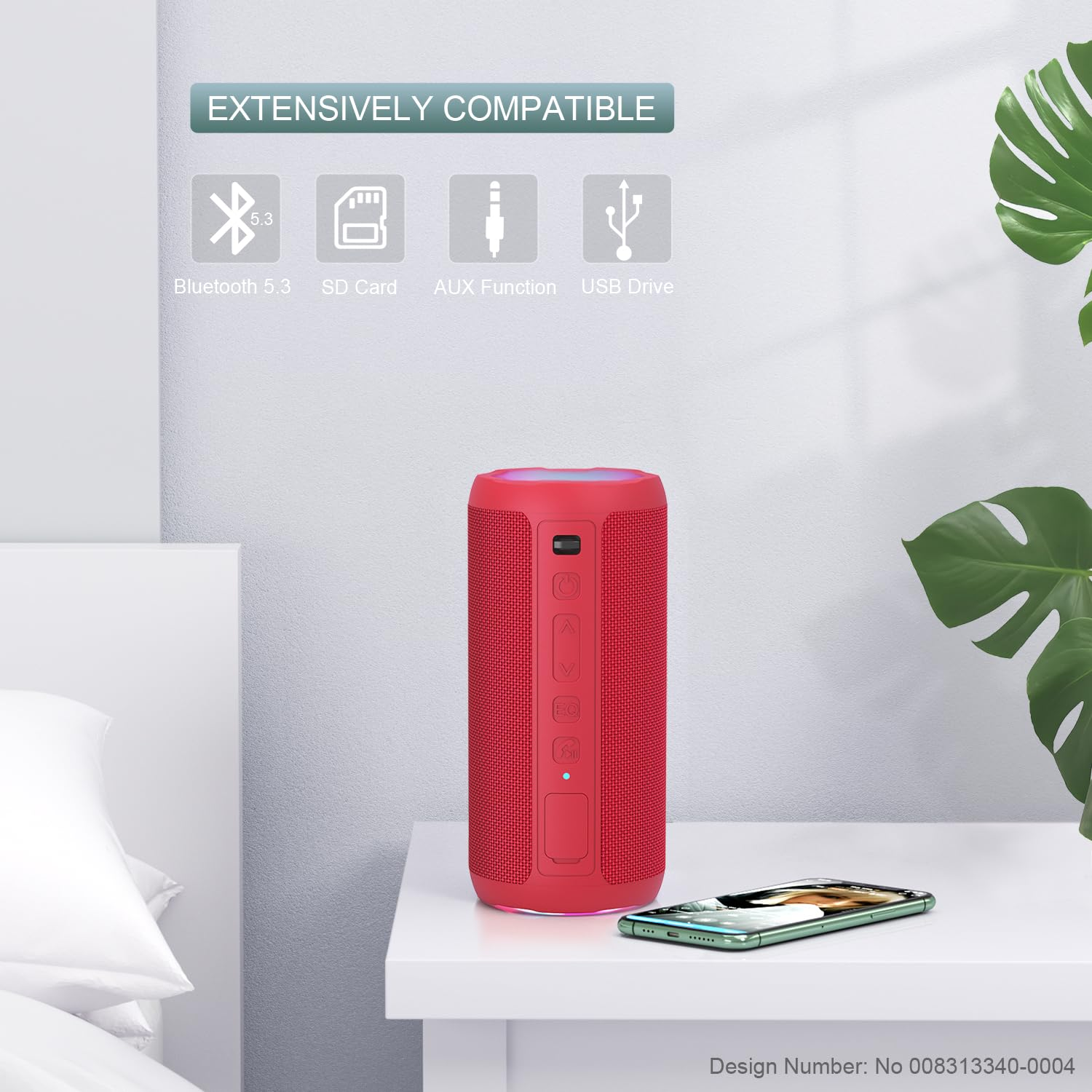 Roter Lautsprecher auf einem weißen Tisch. Bluetooth, SD-Karte, AUX und USB-Laufwerk Symbole. Grünes Mobiltelefon.