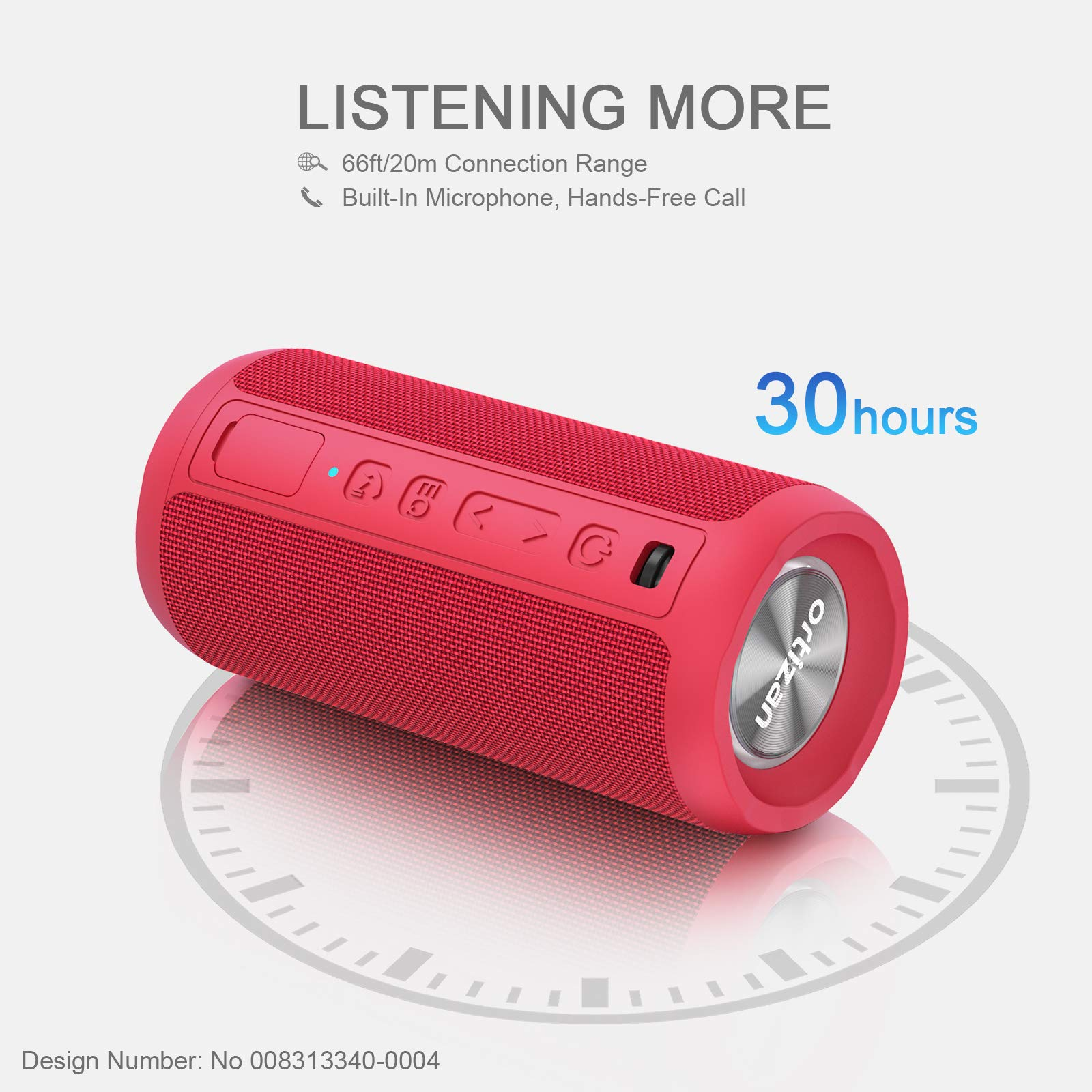 Roter Lautsprecher mit Knöpfen und einem Timer. Zeigt 30 Stunden Akkulaufzeit. Weißer Hintergrund mit kreisförmigem Design.