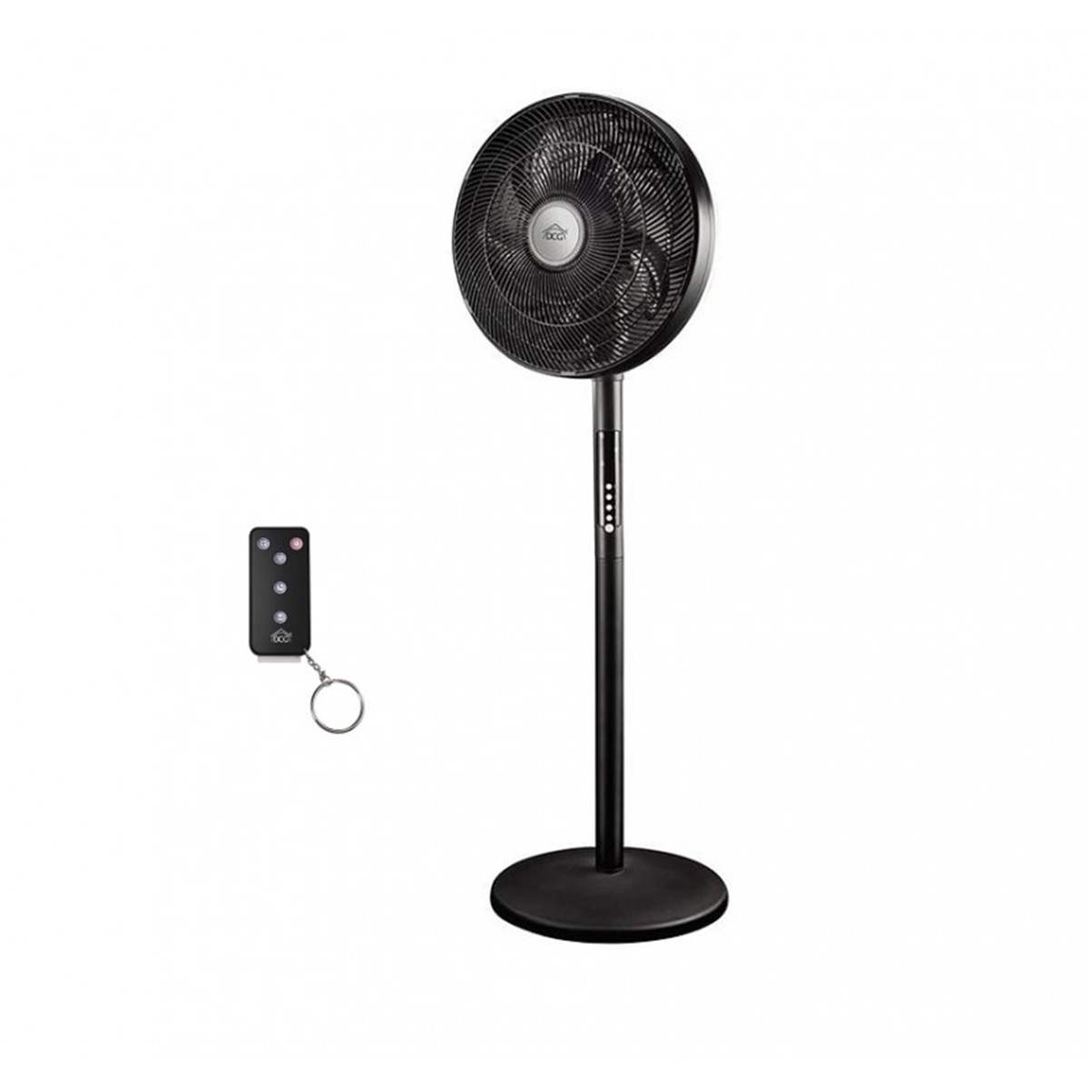 Ventilatore a colonna nero con telecomando su sfondo bianco.