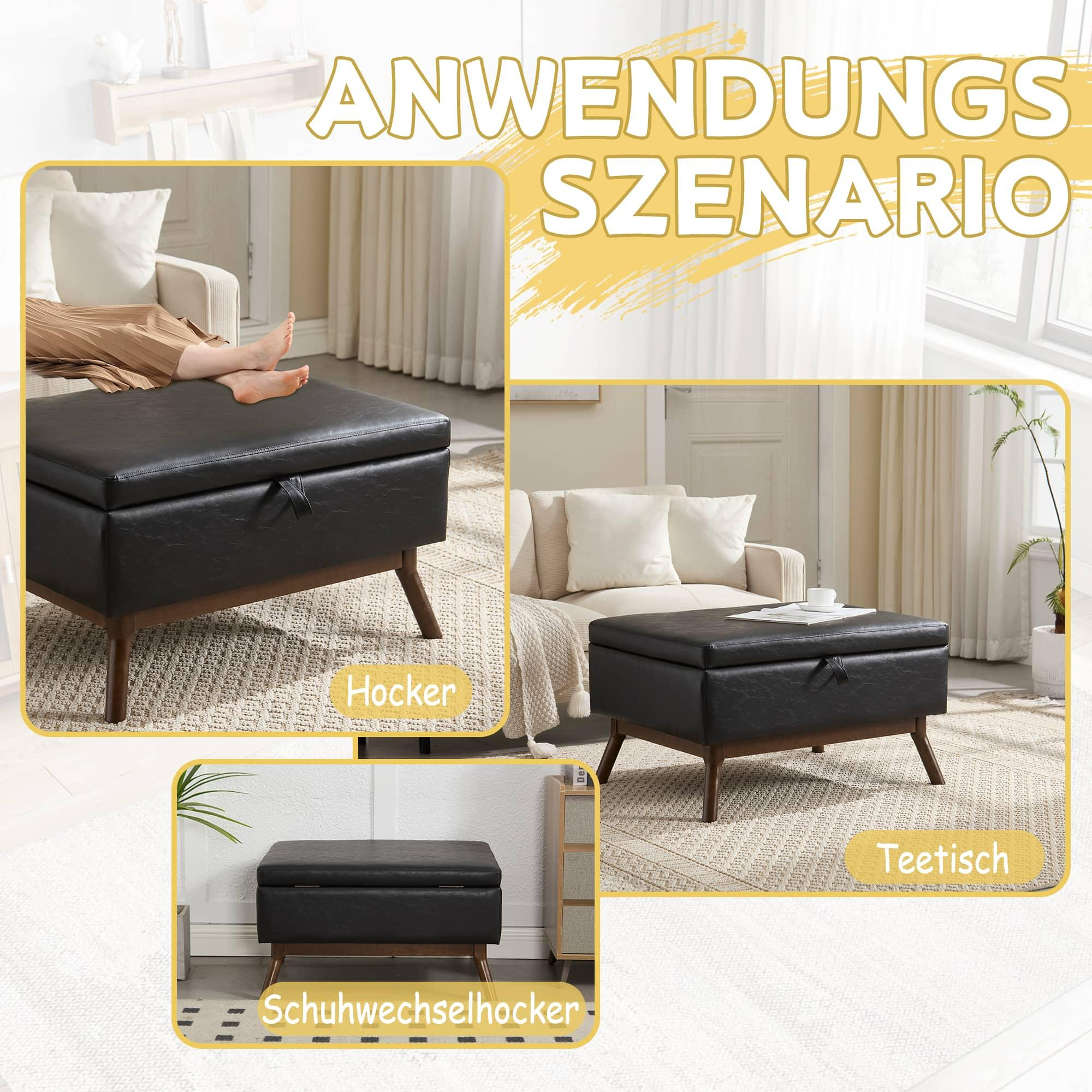 Eine schwarze Aufbewahrungs-Ottomane, die als Fußstütze, Couchtisch und Schuhwechselhocker verwendet wird.