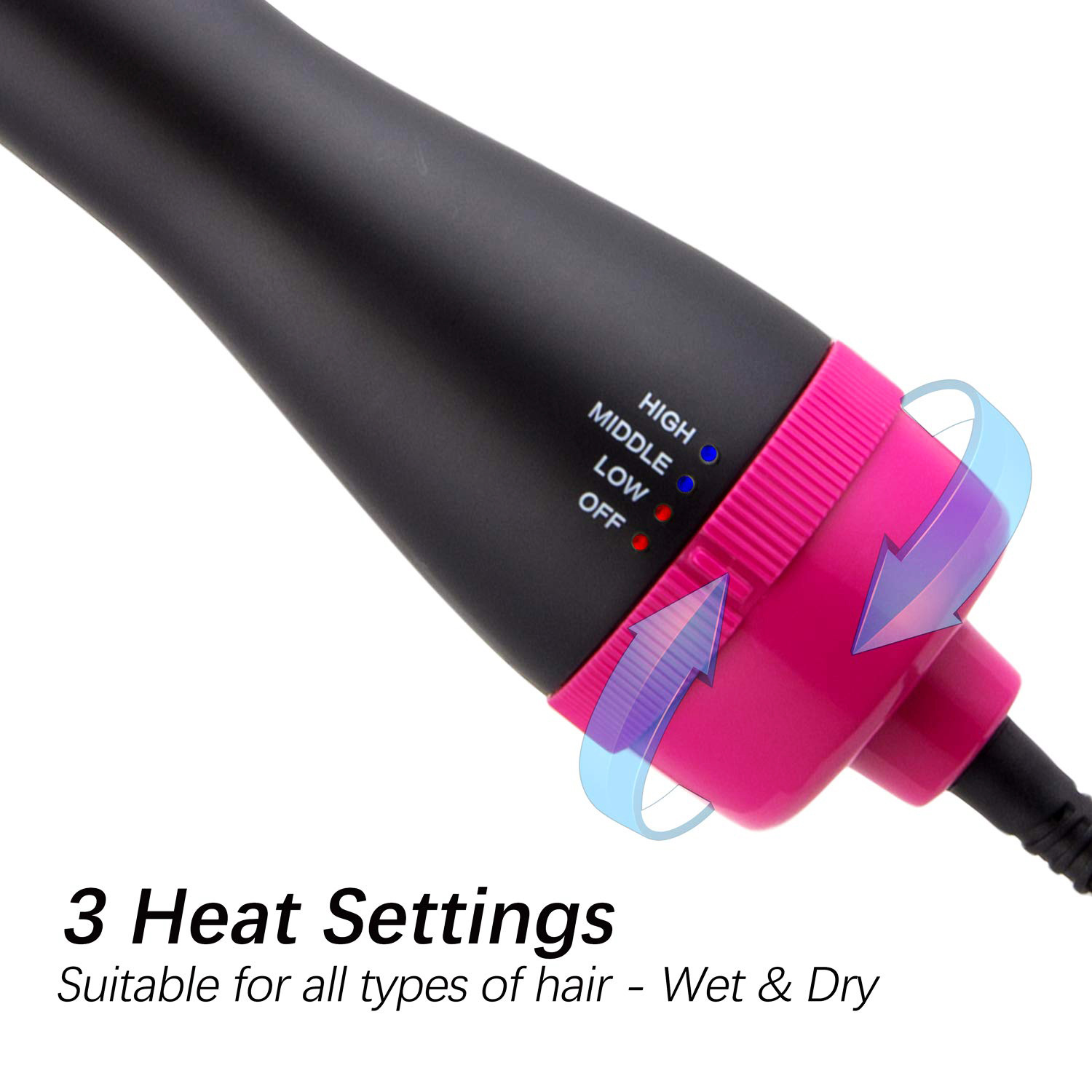 Ein schwarz-rosa Haarstyling-Tool mit Heizeinstellungen, dargestellt mit Pfeilen. Die Einstellungen sind hoch, mittel und niedrig.