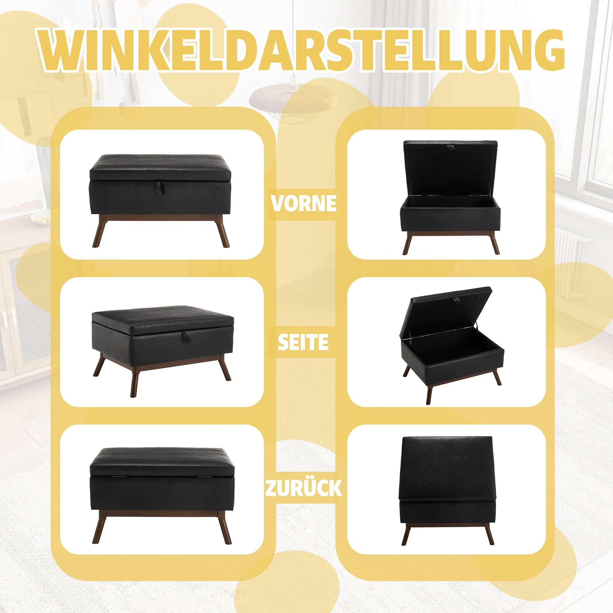 Diagramm mit einem schwarzen Aufbewahrungshocker. Zeigt Vorder-, Seiten- und Rückansicht mit Abmessungen.