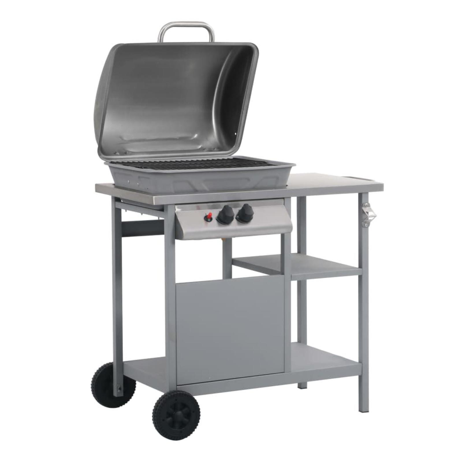 Grauer Grill mit offenem Deckel, Tisch und Rädern. Isoliert auf Weiß.