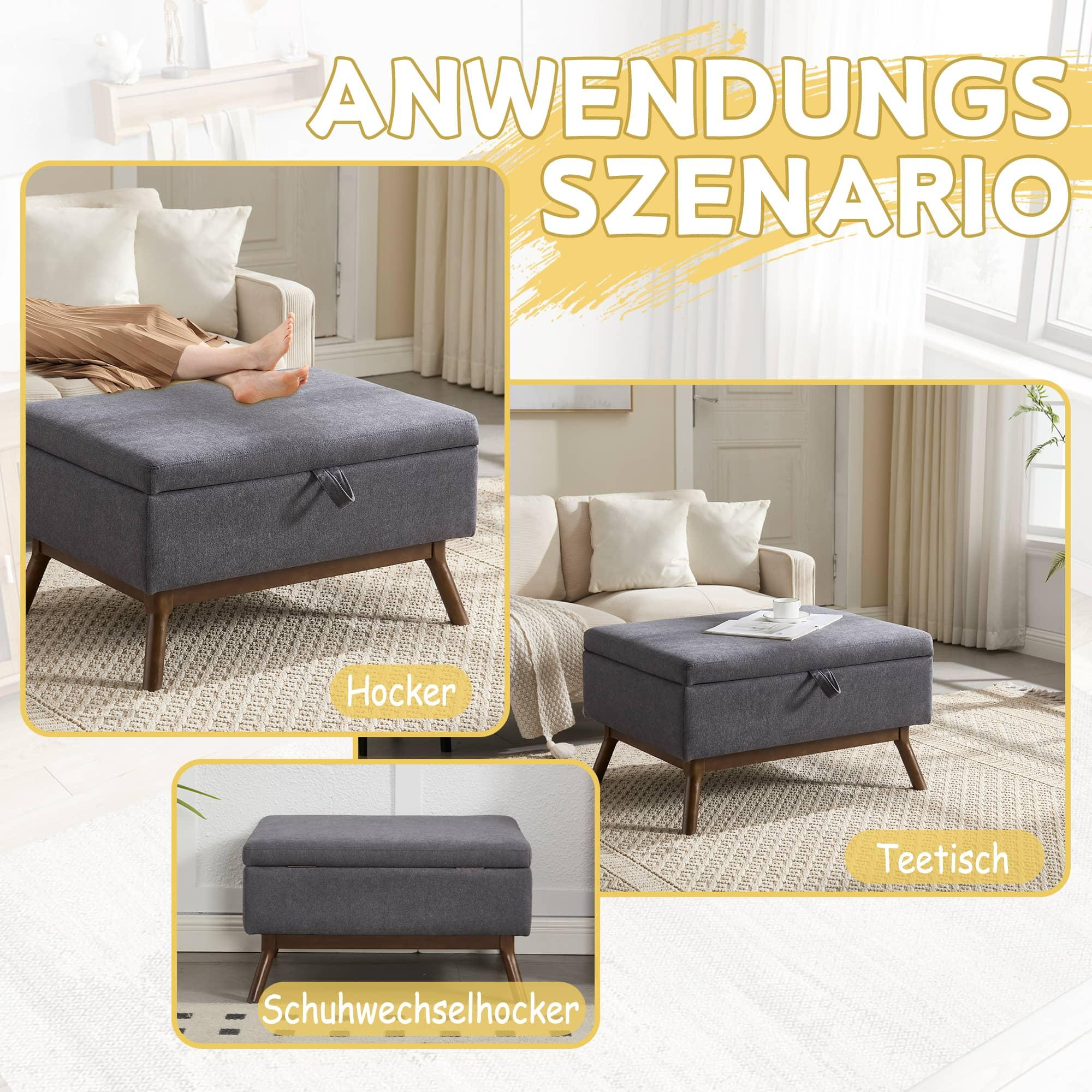 Ottomane als Bank, Couchtisch und Schuhwechselbank verwendet.