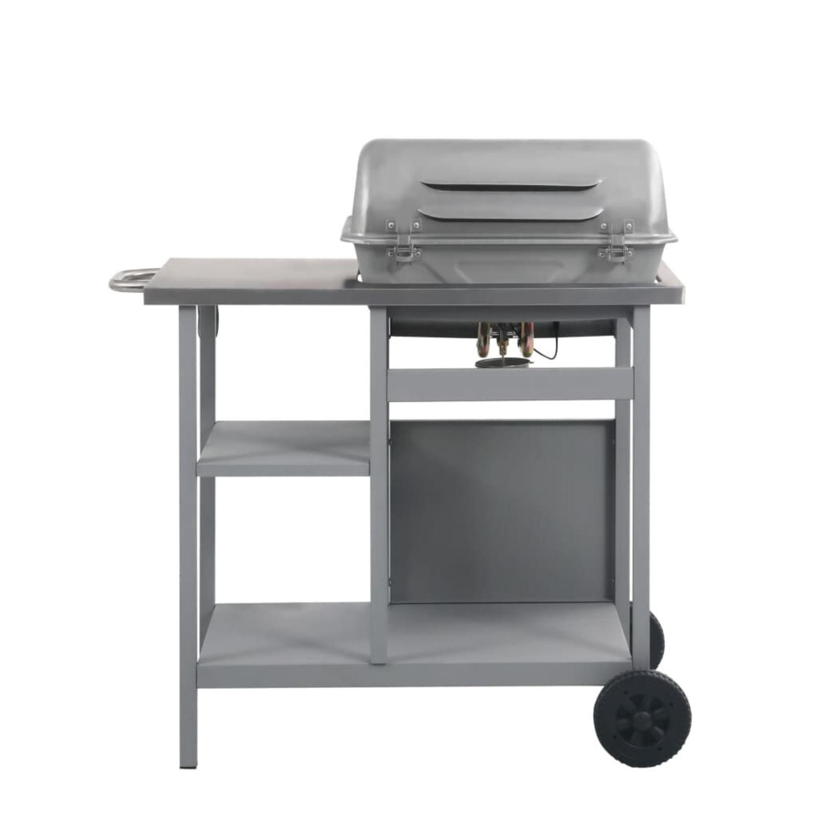 Grauer Grill mit Tisch, Regalen und Rädern. Isoliert auf Weiß.