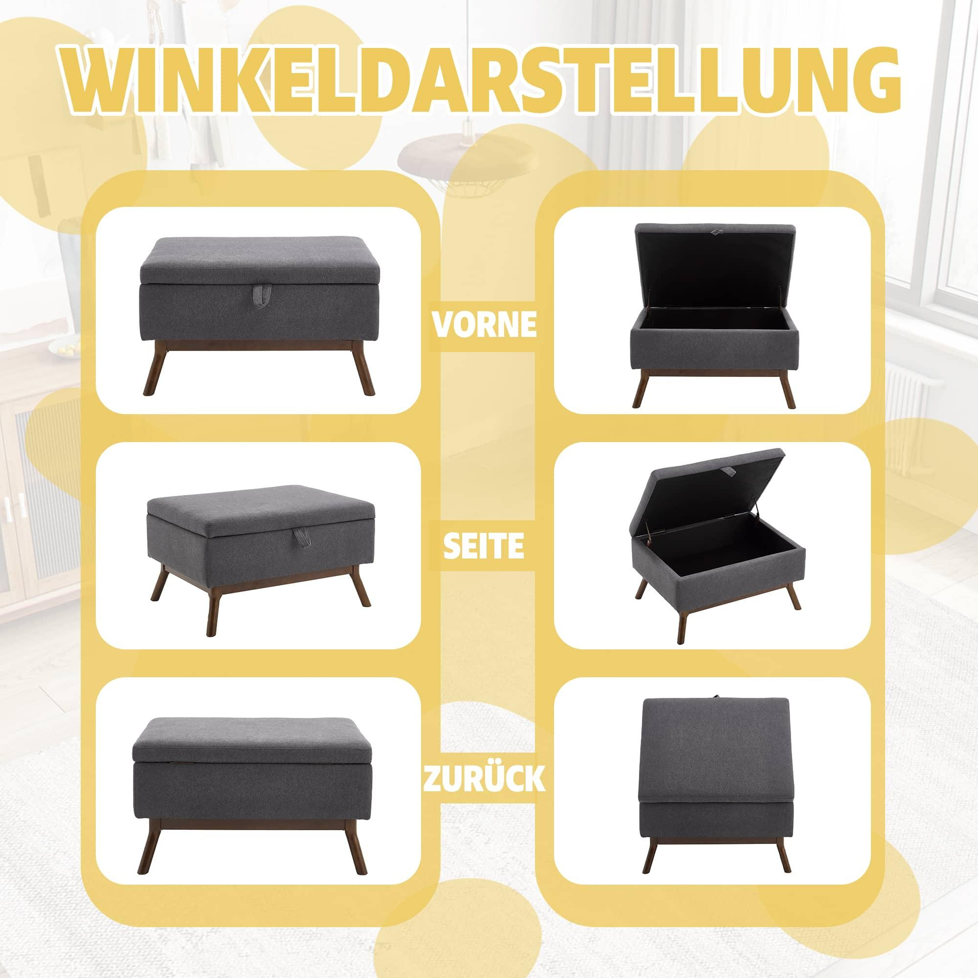 Graue Aufbewahrungshocker. Mehrere Ansichten sind gezeigt: vorne, seitlich und hinten.