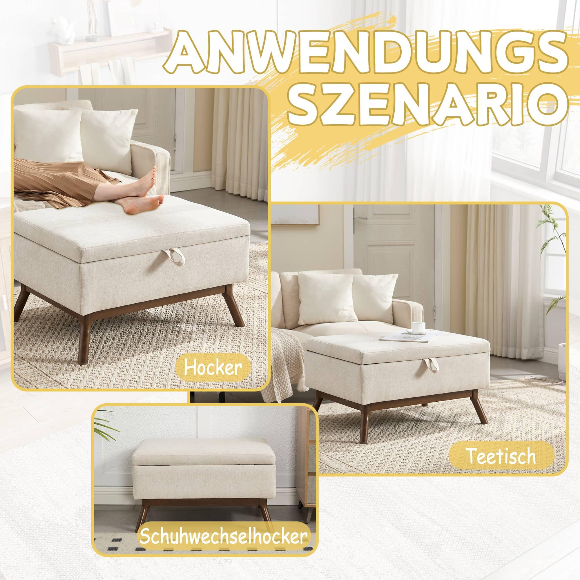 Bilder, die eine Aufbewahrungsottomane in verschiedenen Szenarien zeigen: Fußstütze, Couchtisch und Schuhbank.