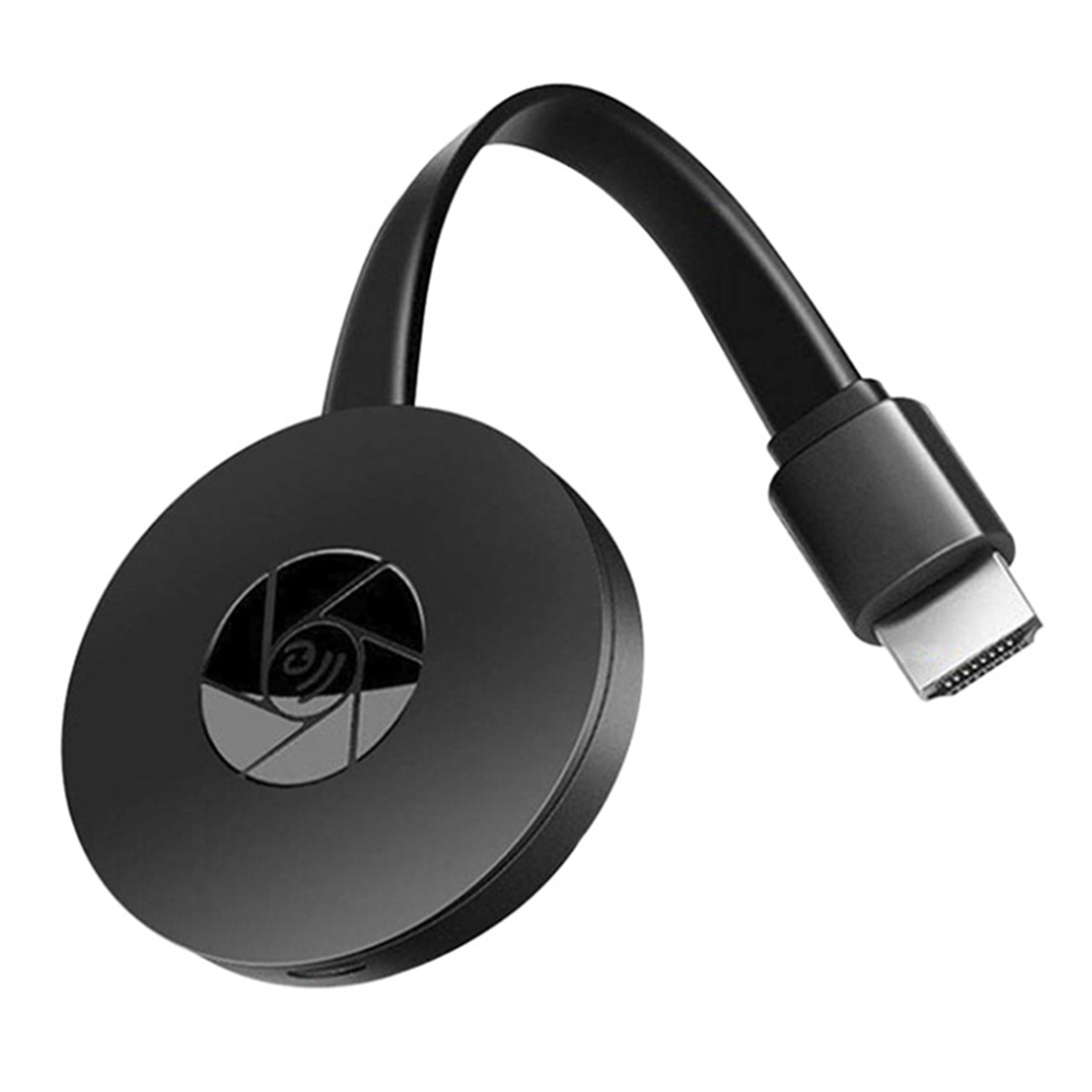 Ein schwarzes, kreisförmiges Medien-Streaming-Gerät mit einem gebogenen schwarzen Kabel und einem USB-C-Anschluss.