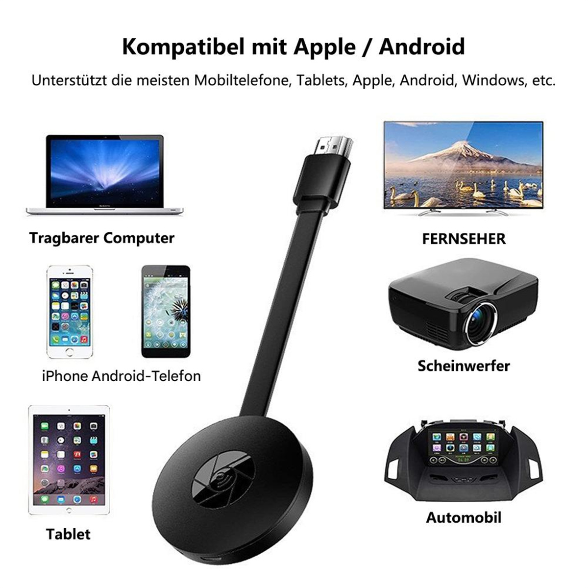 Ein Streaming-Gerät neben verschiedenen Geräten: Laptop, Telefone, Tablets, Fernseher, Projektor und Auto-Display.