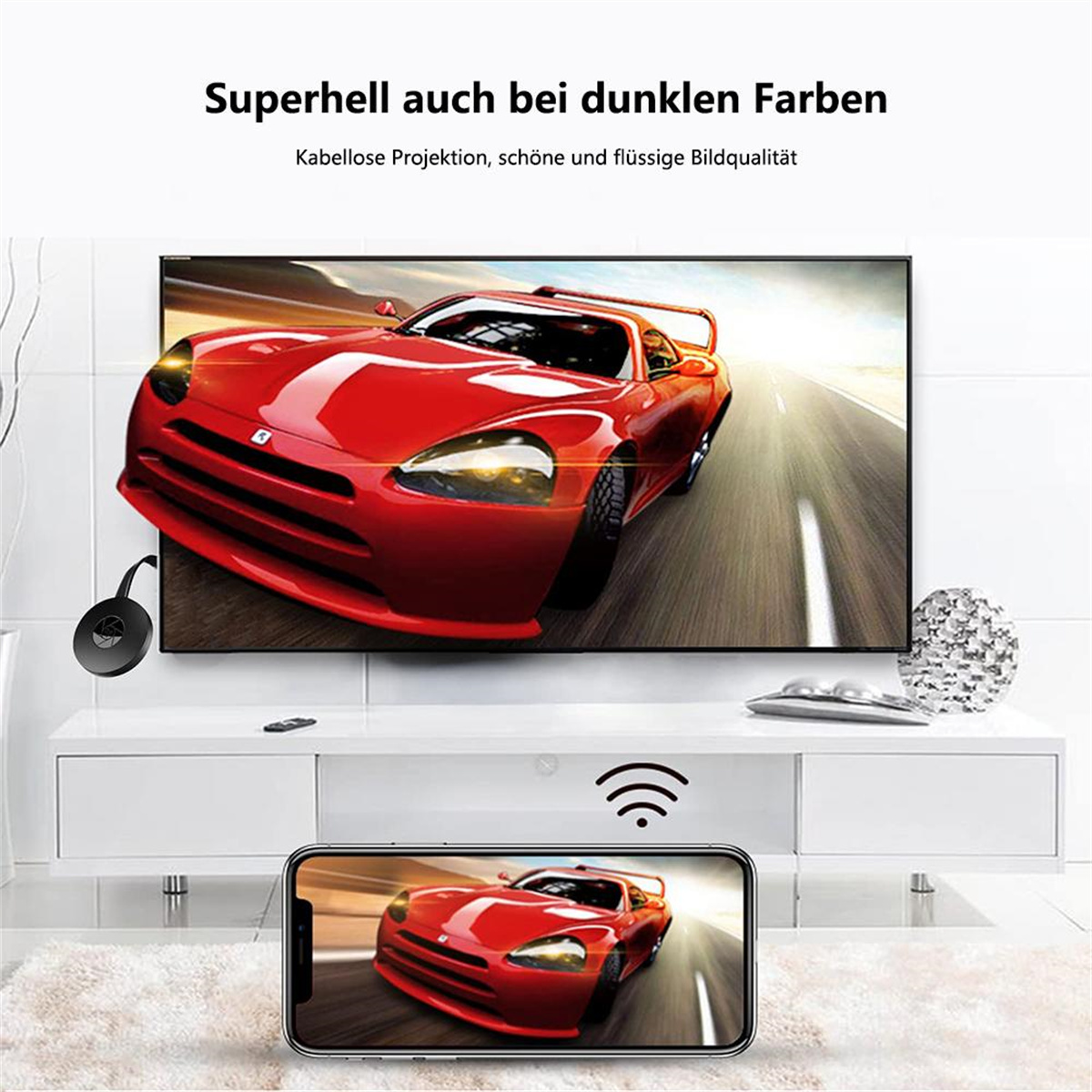 Ein Fernseher, der ein Autorennen auf einem Bildschirm zeigt, mit einem kleineren Bildschirm, der dasselbe auf einem Telefon zeigt.