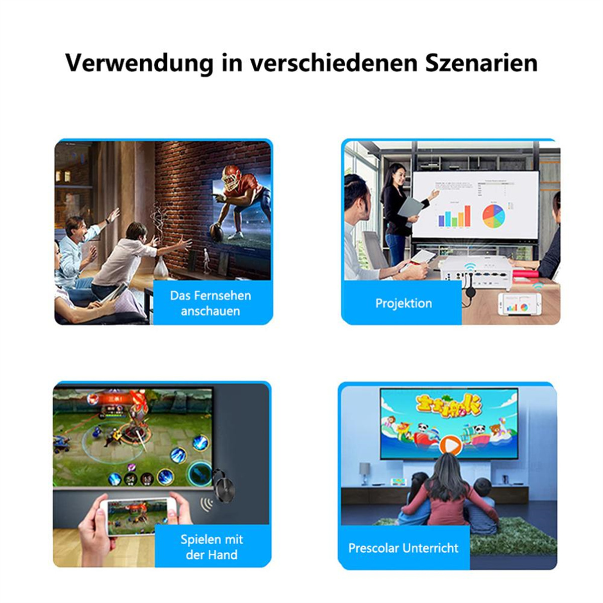 Bilder eines Geräts, das zum Fernsehen, zur Projektion, zum Spielen und für Vorschulunterricht verwendet wird.