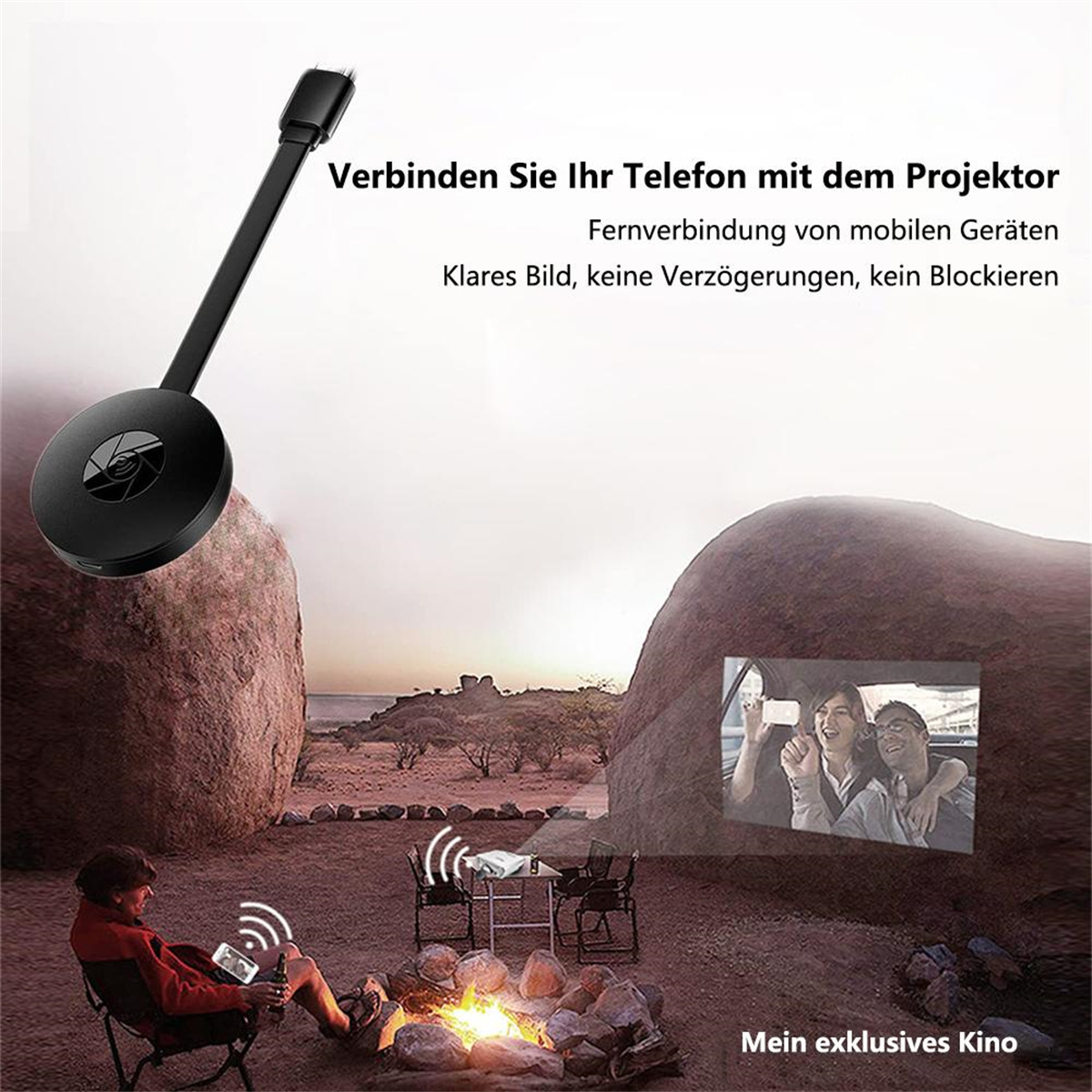 Ein schwarzes Streaming-Gerät, das ein projiziertes Bild eines Autos zeigt, das auf einem Bildschirm fährt.
