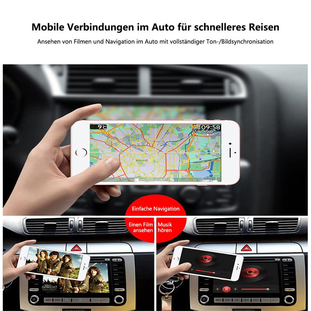 Nahaufnahme eines Smartphones in einem Auto, das eine Karte und eine Unterhaltungsoberfläche anzeigt.