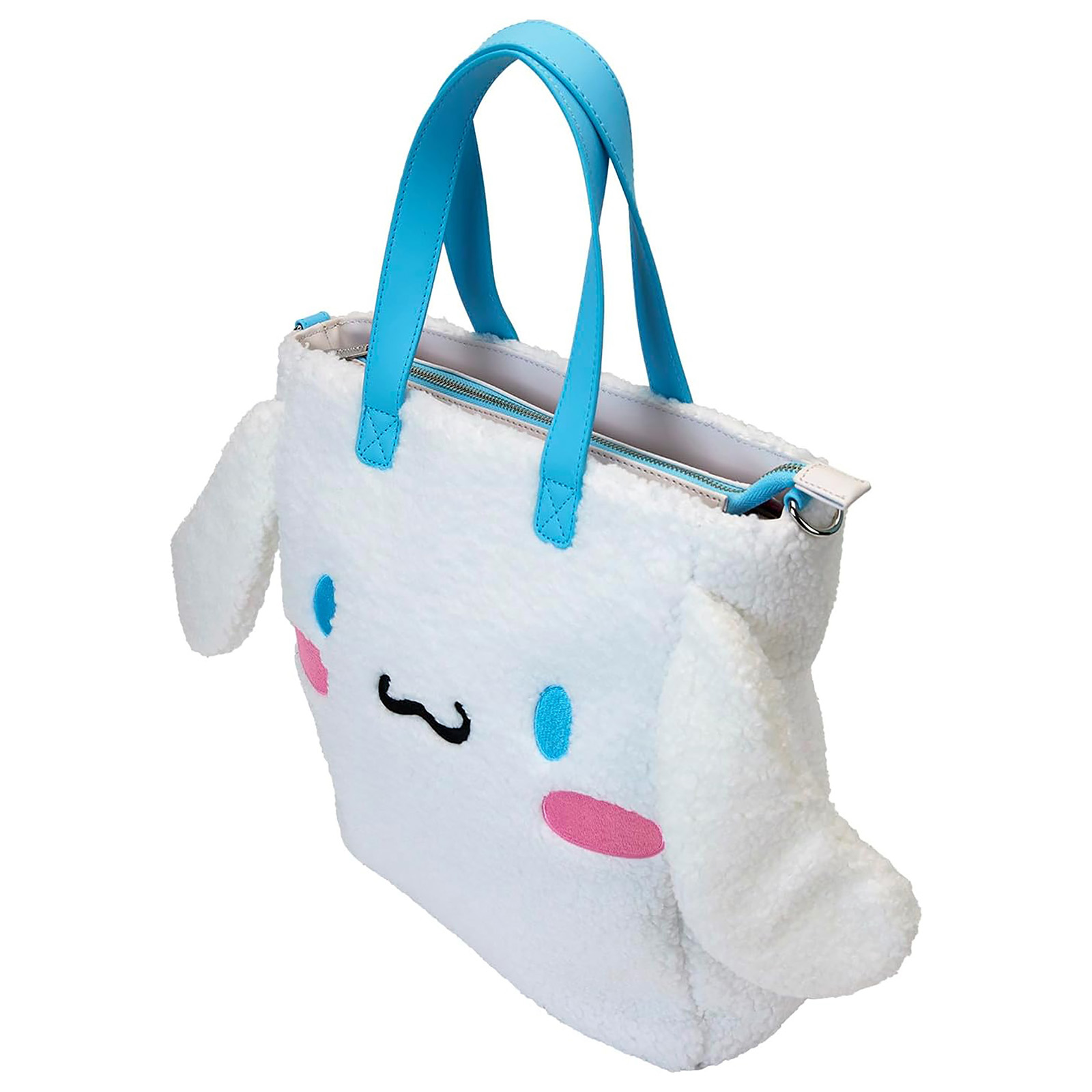 Weiße, flauschige Tragetasche mit Cinnamoroll-Gesicht, blauem Riemen und teilweise geöffnetem Reißverschluss.