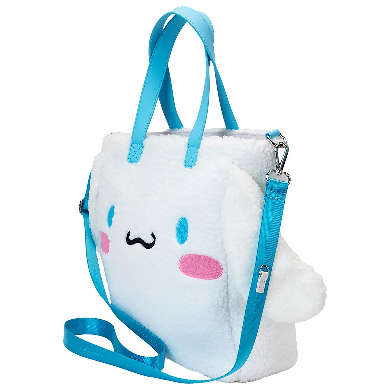 Weiße, flauschige Tragetasche mit Cinnamoroll-Gesicht, blauem Riemen und Griff, Seitenansicht.