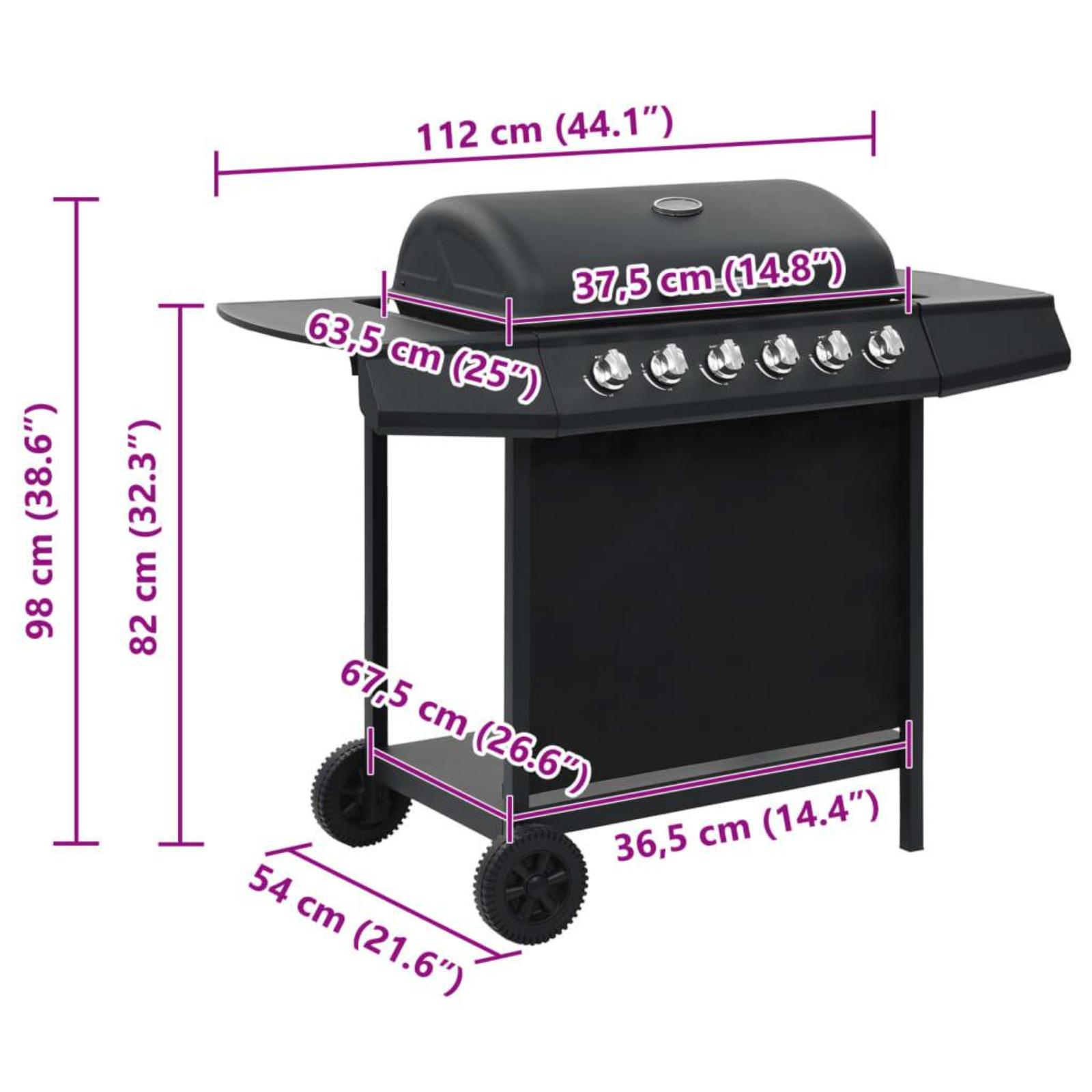 Schwarzer Gasgrill mit Abmessungen, Rädern und Beistelltisch.