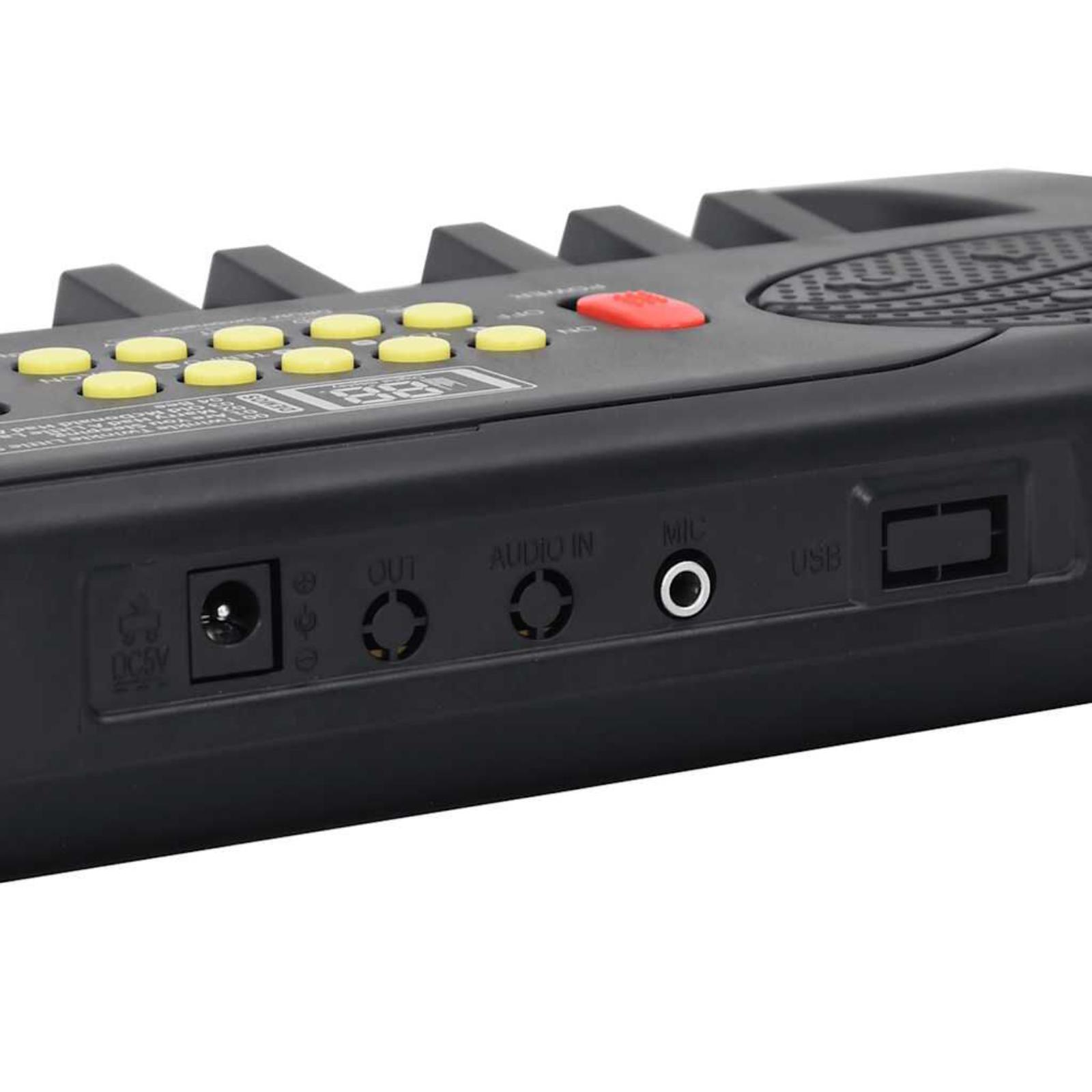 Nahaufnahme einer schwarzen Tastatur. Hat gelbe Knöpfe, roten Knopf, Anschlüsse für Ausgang, Audioeingang, Mikrofon und USB sowie einen Stromanschluss.