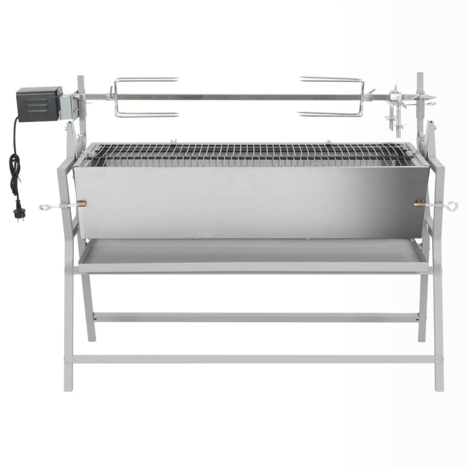 Ein Edelstahl-Grill auf einem grauen Metallrahmen.