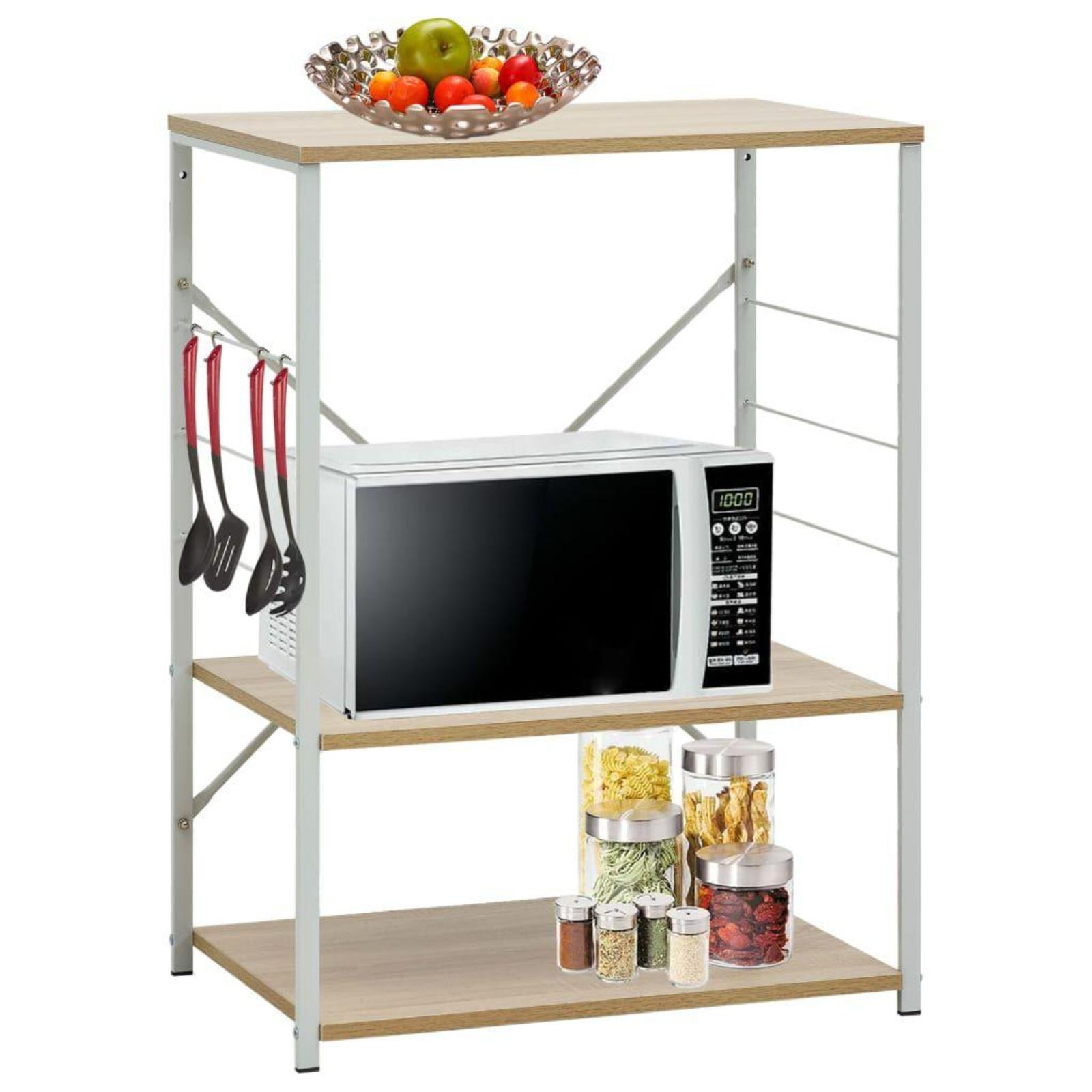 Küchenregal mit Mikrowelle, Obstschale, Gläsern und Utensilien an der Seite.