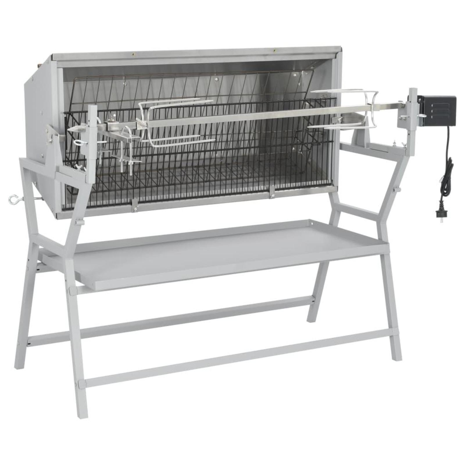 Ein grauer Drehspießgrill. Er hat einen Metallrahmen, einen Kochbereich und einen Motor mit Netzkabel.